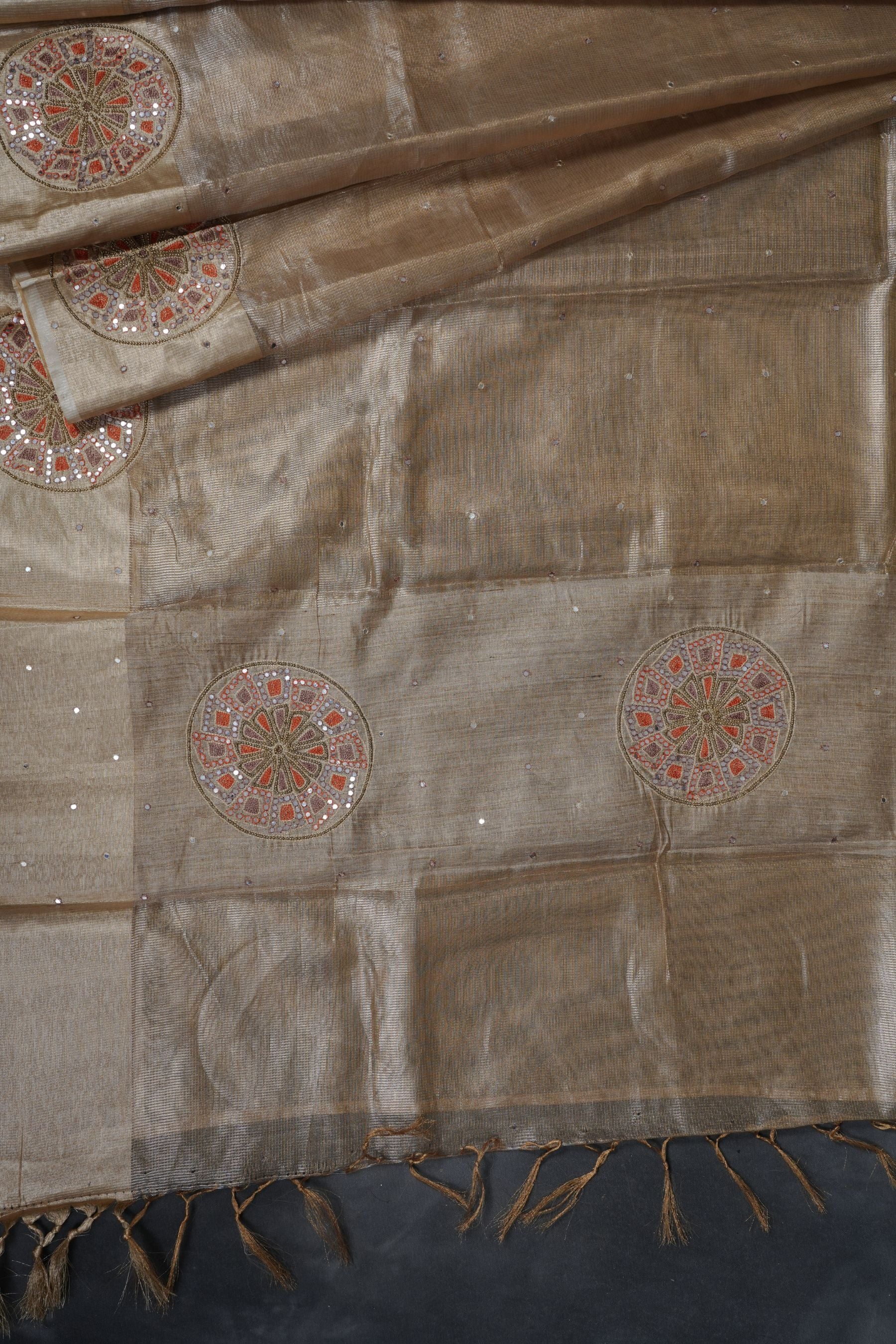 Gold Tissue Silk Sarees with Hand Embroidery and Maggam Work Blouse