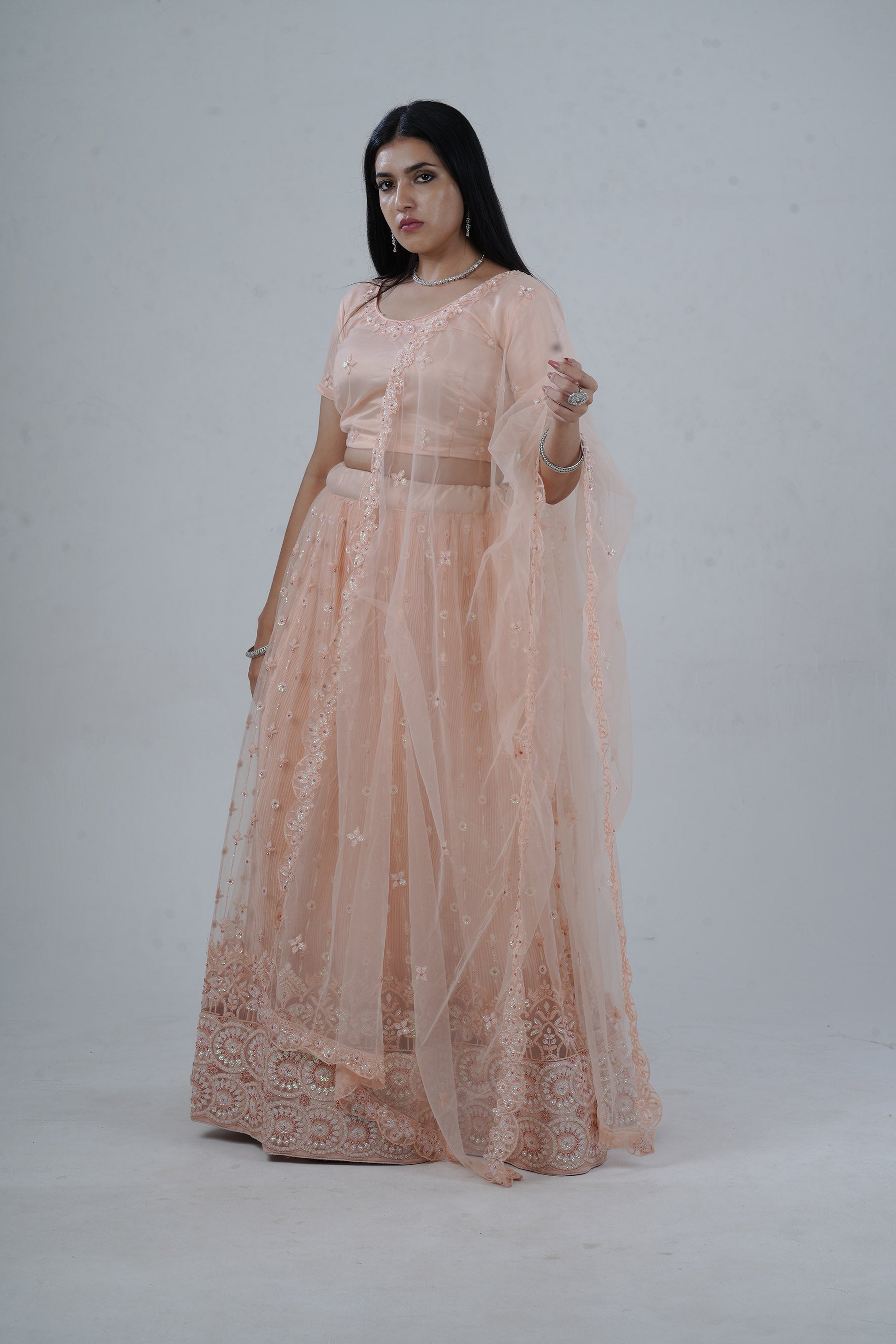 Elegant Soft Net Lehenga With Premium Beadwork & Sequins Embellishments LEHENGA JCS Fashions Pastel Peach Large (40)