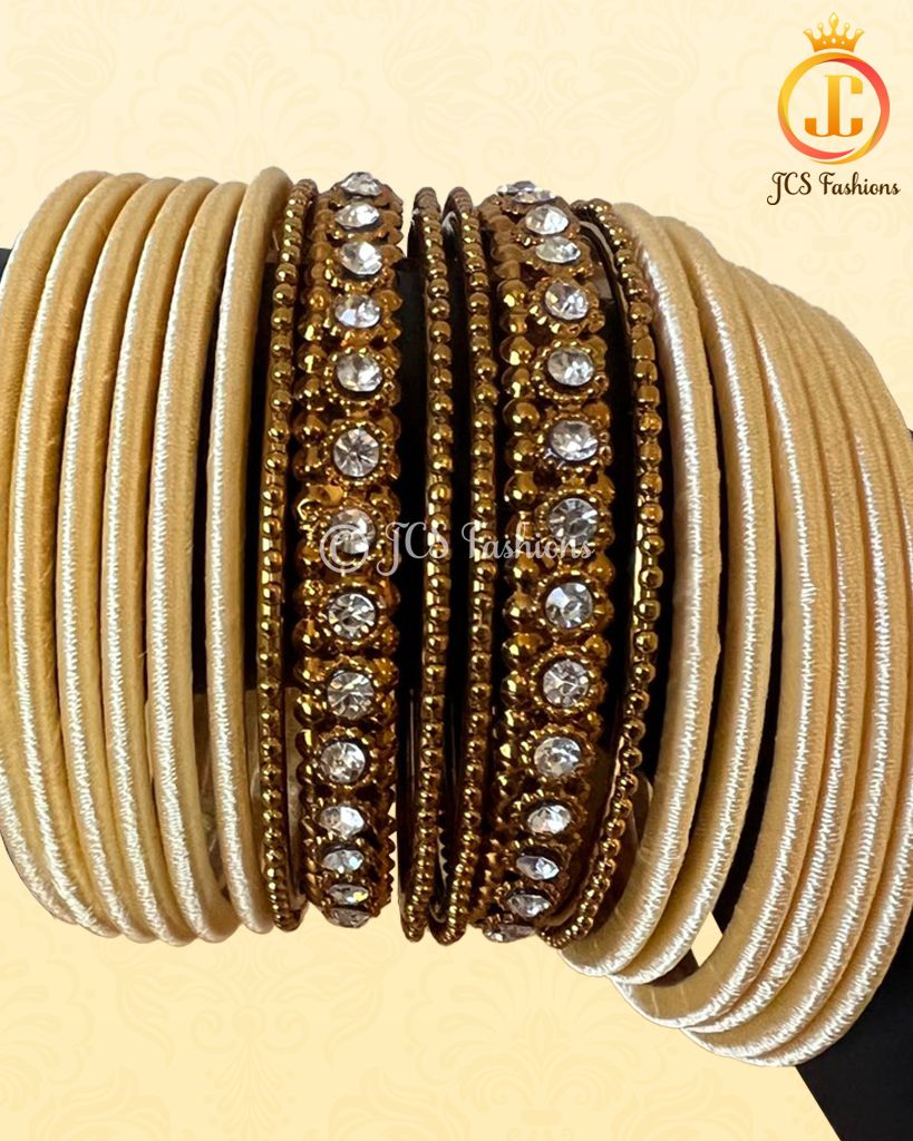 Cream Wedding Silk Thread Bangles with Stone Filler | Size: 2.2