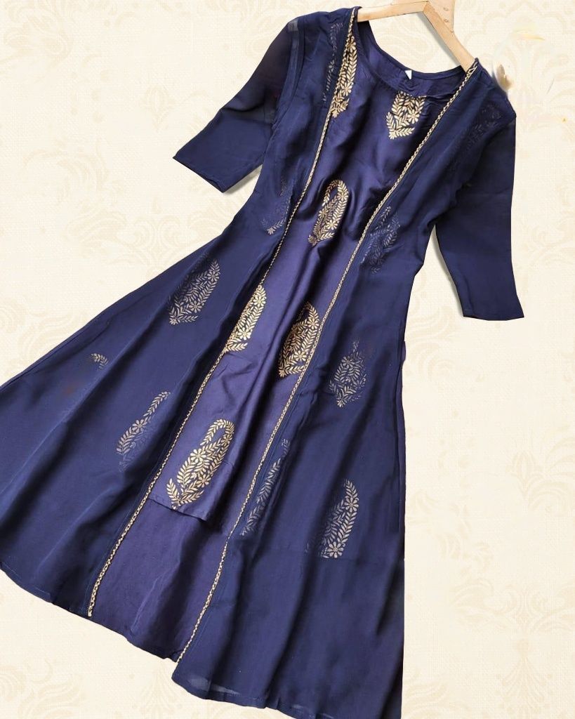 Elegant Crepe Silk Kurti with Foil Print – Perfect for Casual Wear KURTI JCS Fashions Navy Blue Medium (38)