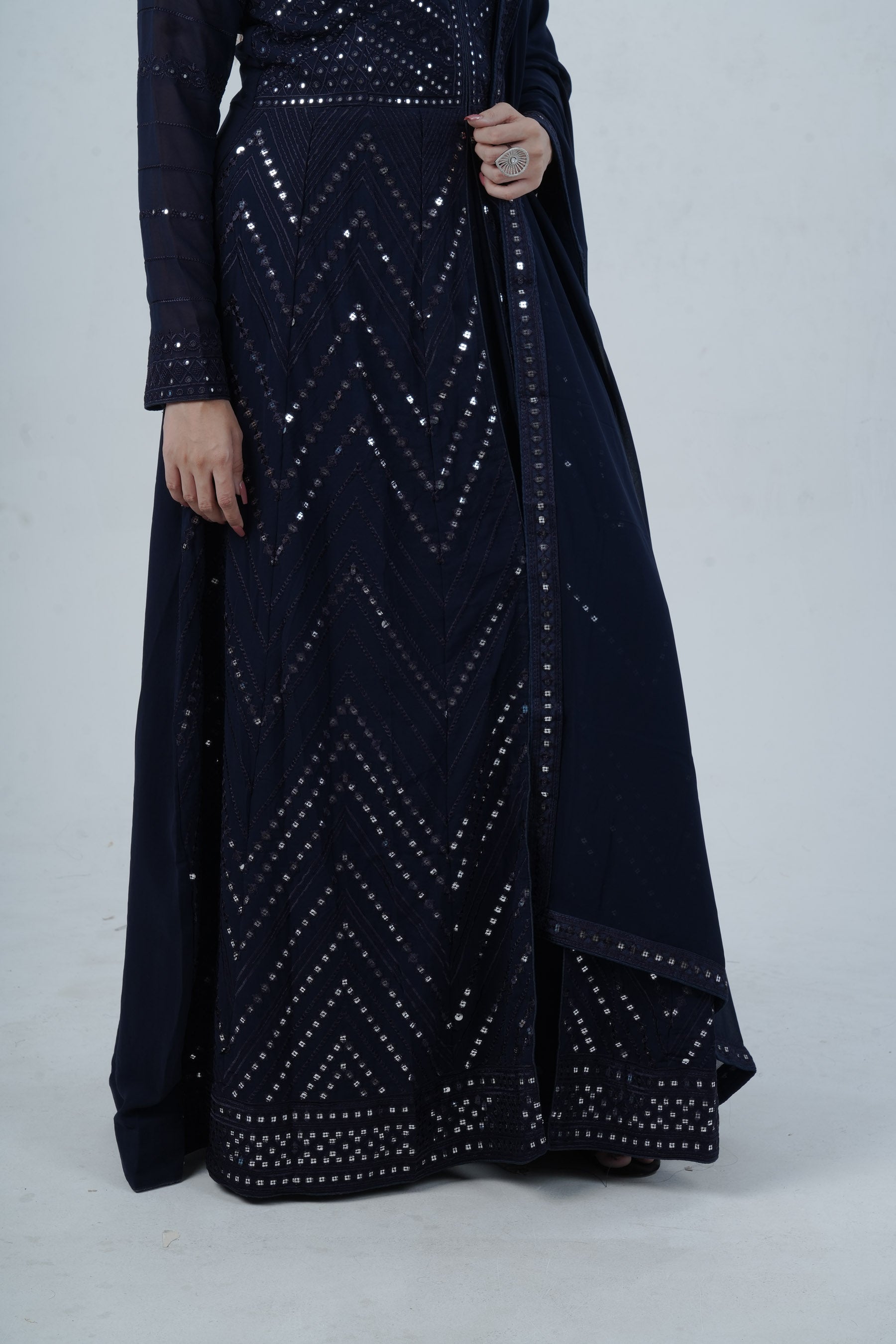 Elegant Floor-Length Gown with Embroidery & Sequins - Navy Blue KURTI JCS Fashions