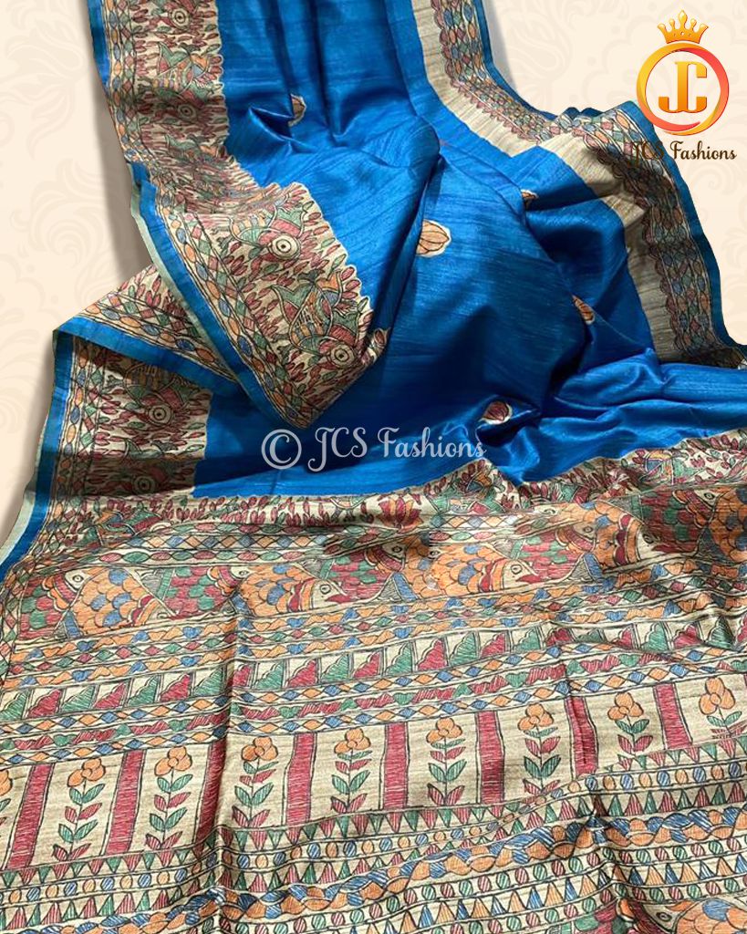 Vibrant Blue Traditional Printed Semi Tussar Saree with Zari Pallu