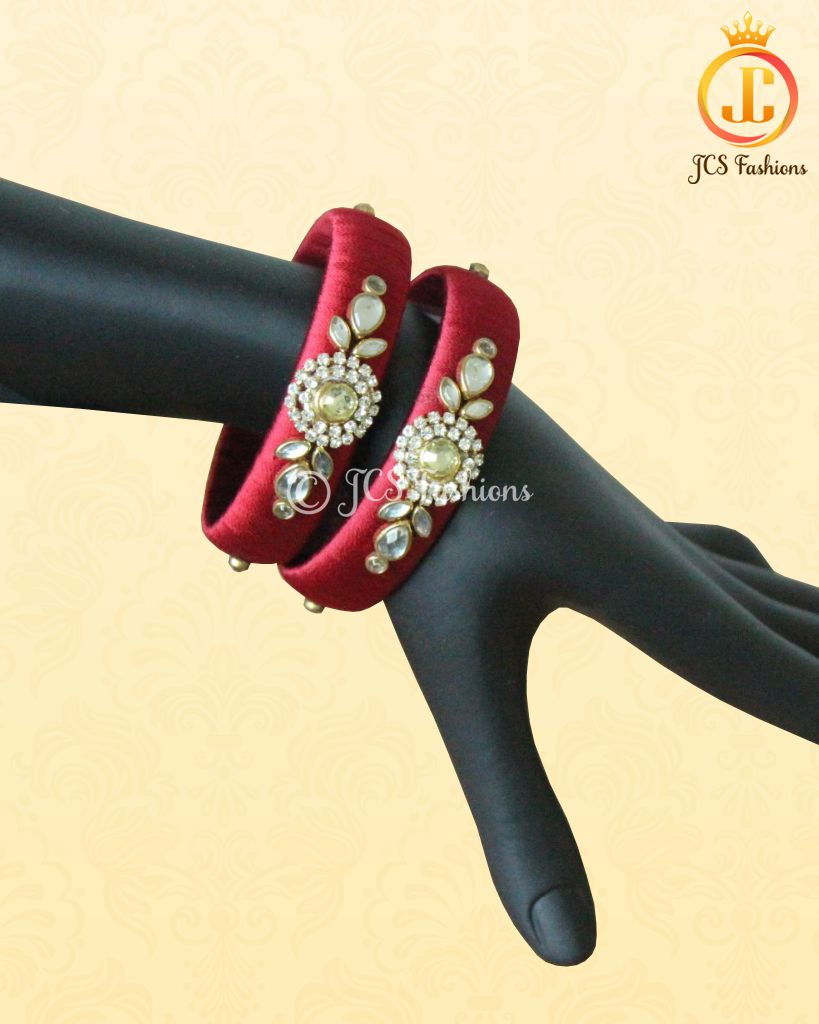 Maroon Silk Thread Bangles with Stone and Aari Work