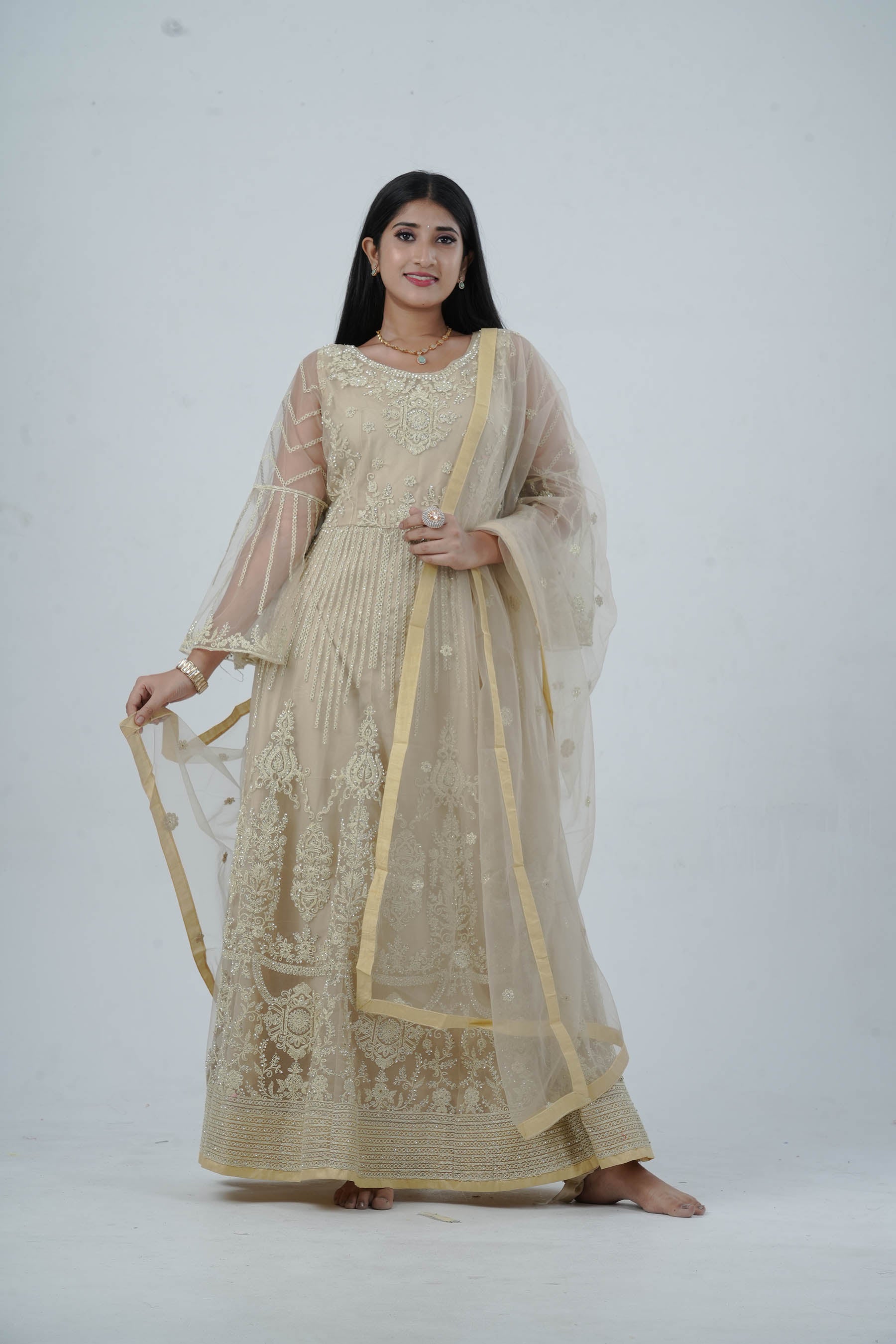 KURTI Embroidered & Stonework Long Gown with Santoon Lining KURTI JCS Fashions Beige Medium (38)