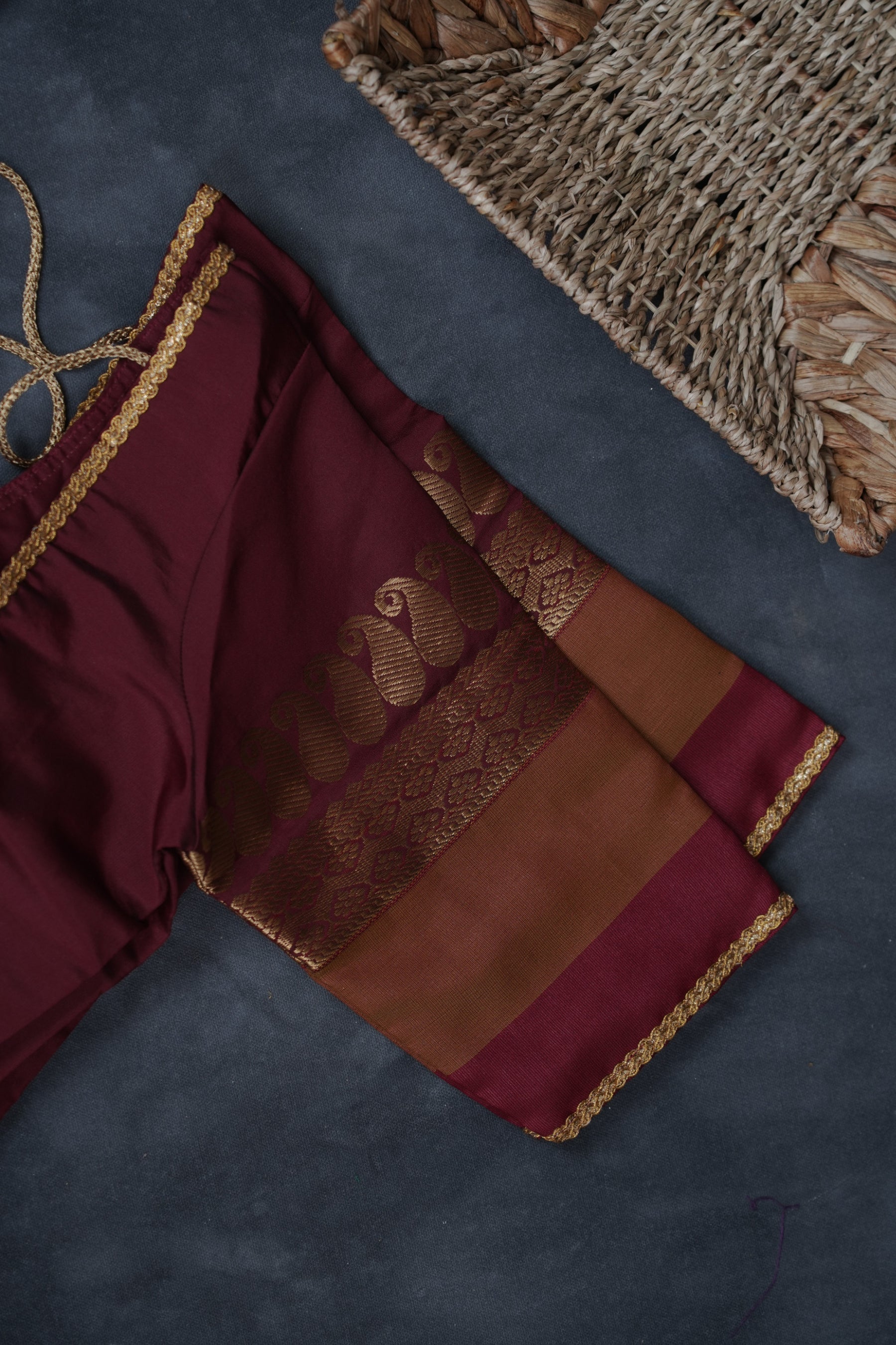 Silk Cotton Saree with Zari Border, Line Pallu and Stitched Blouse