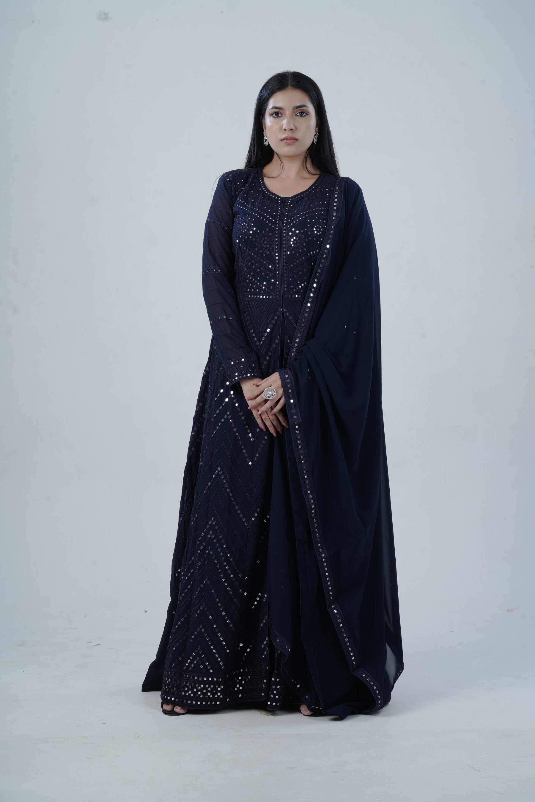 Elegant Floor-Length Gown with Embroidery & Sequins - Navy Blue KURTI JCS Fashions