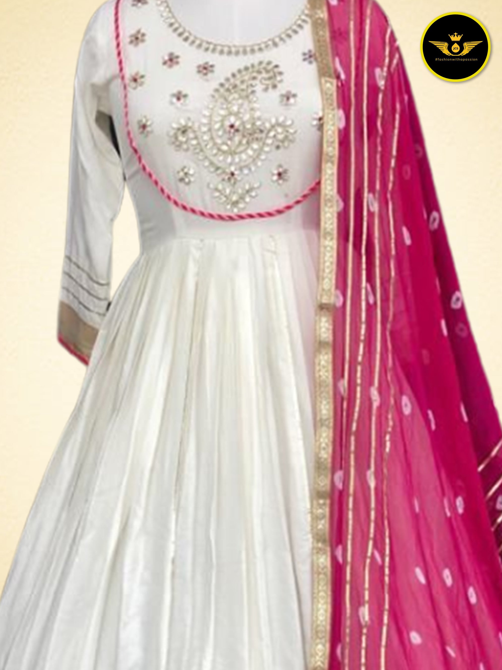 Beautiful Anarkali Gown with Bandej Dupatta in Mesmerizing White KURTI JCS Fashions