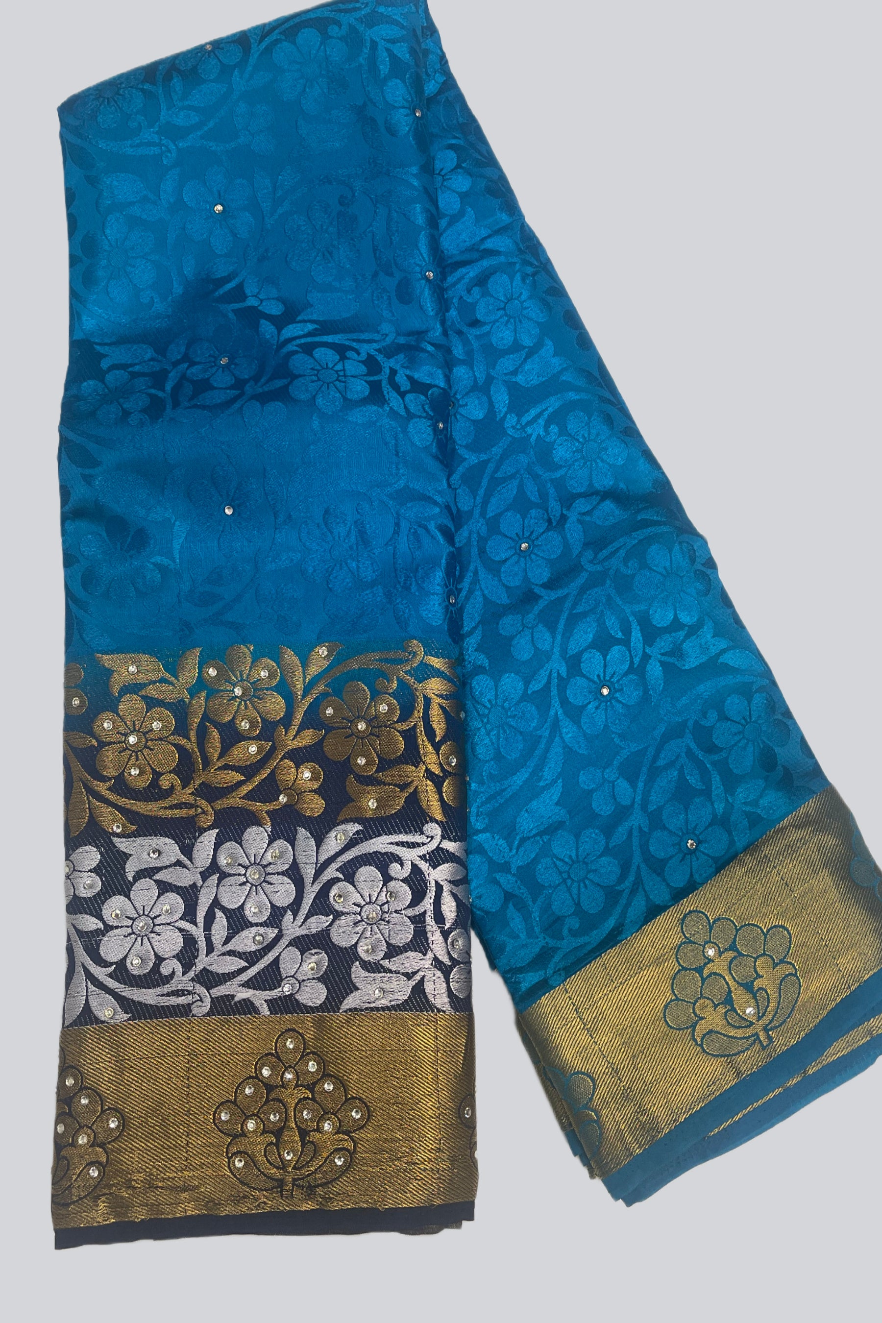 Radiant Charm: Embossed Silk Cotton Saree with Stunning Stone Work