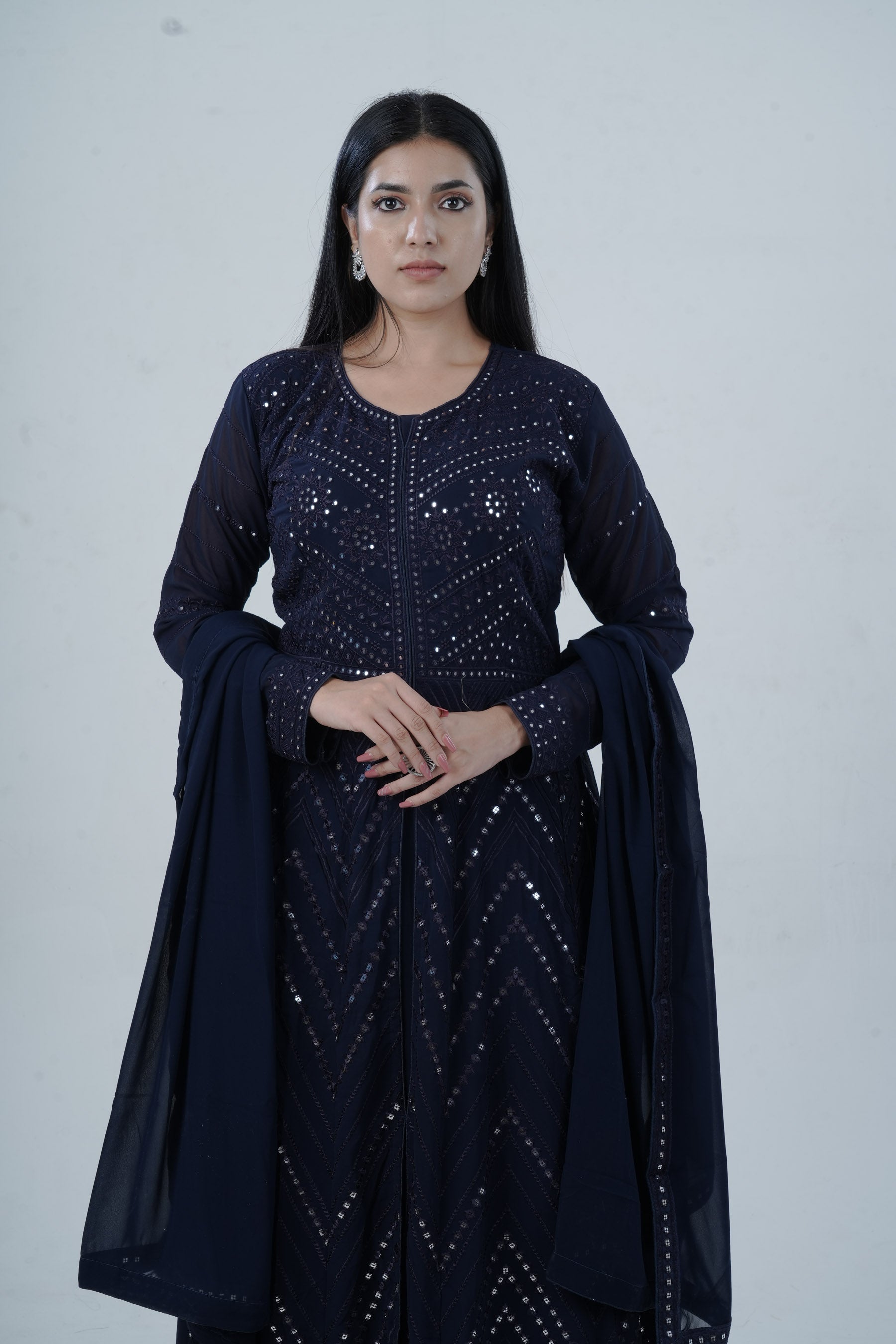 Elegant Floor-Length Gown with Embroidery & Sequins - Navy Blue KURTI JCS Fashions