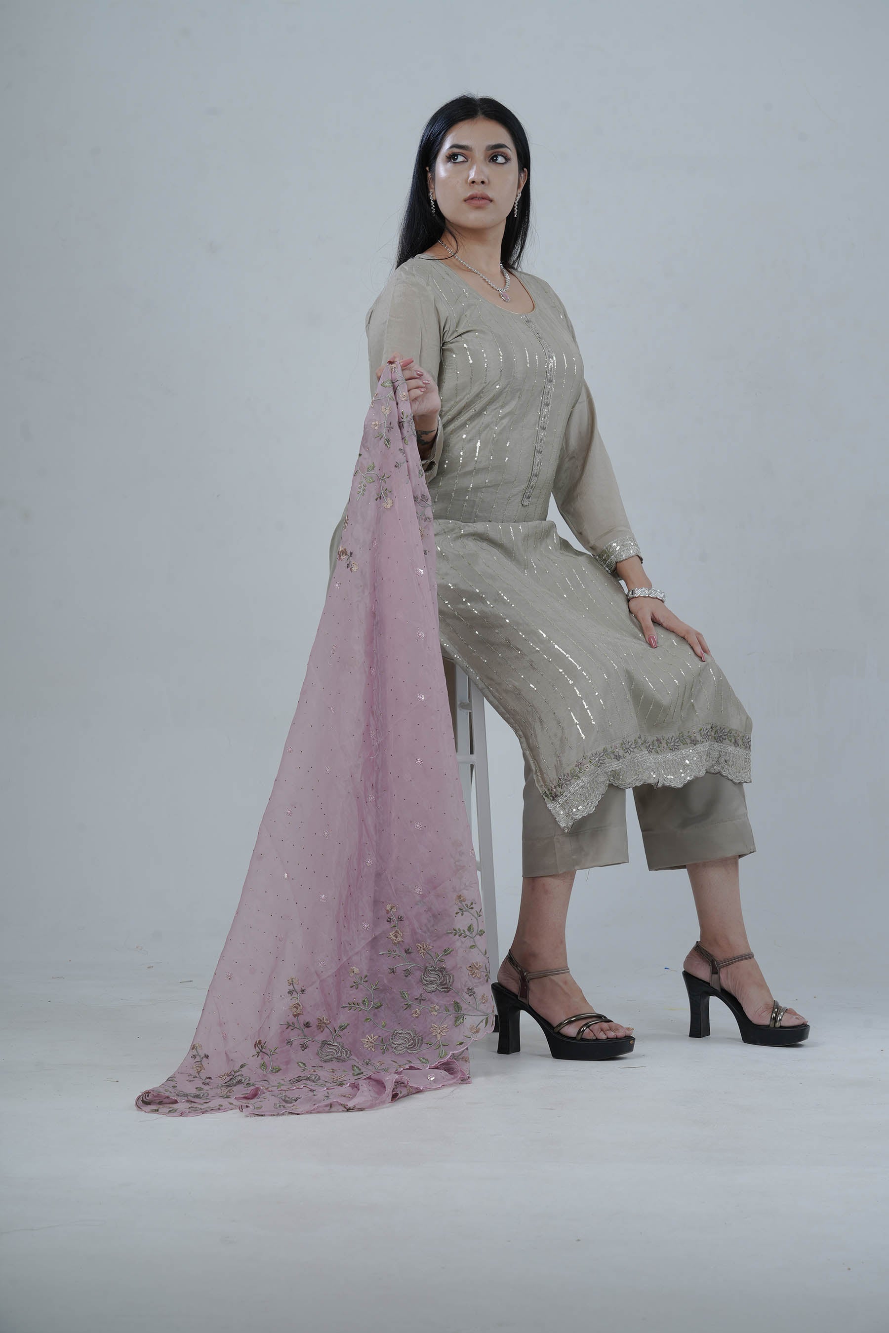 Embroidered Sequin Work Soft Chinnon Salwar Kameez - Elegant and Trendy Kurti JCS Fashions