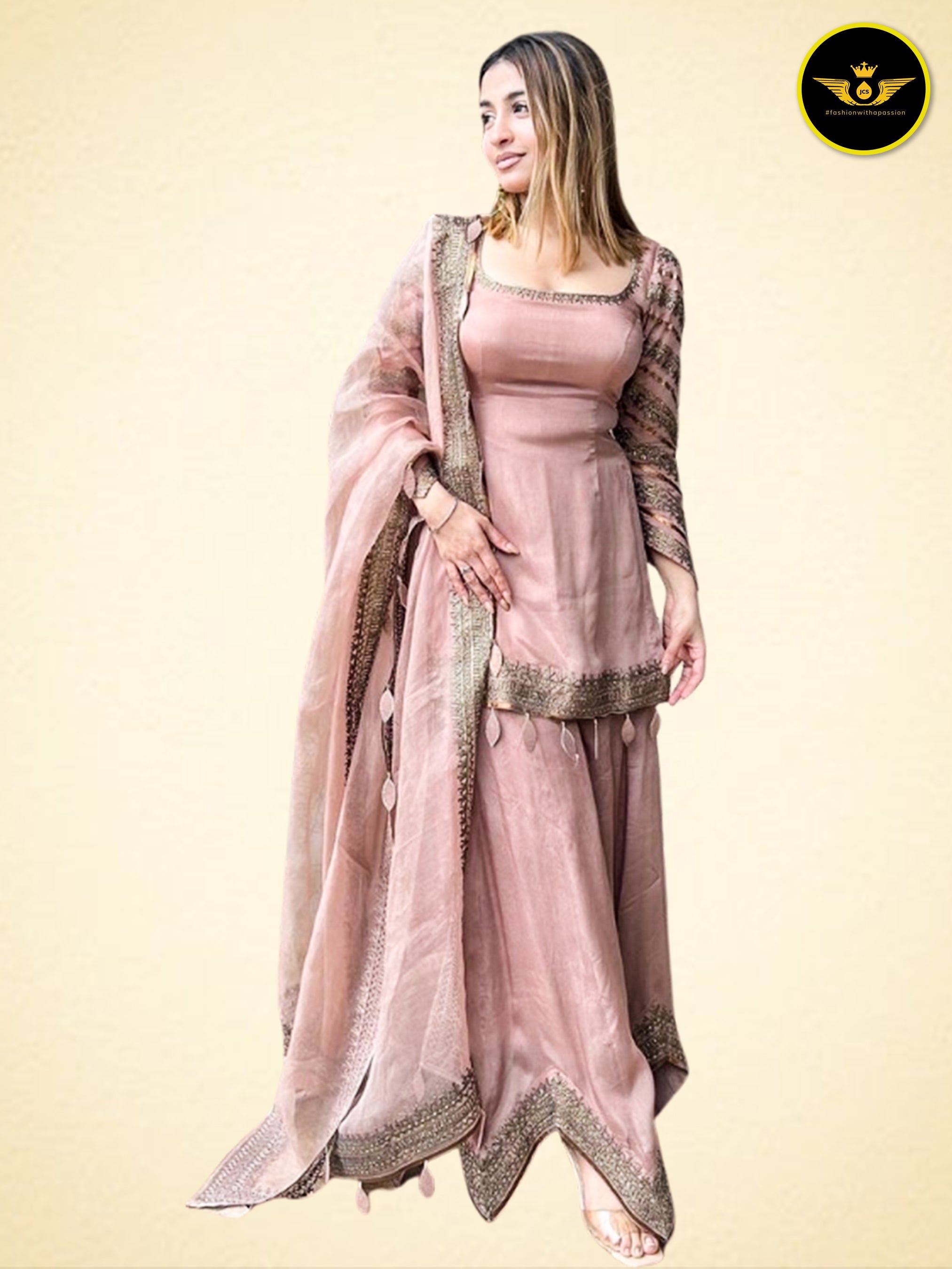 Stunning Embroidered Sharara Palazzo Set - Party Perfection KURTI JCS Fashions Mauve Small (36)