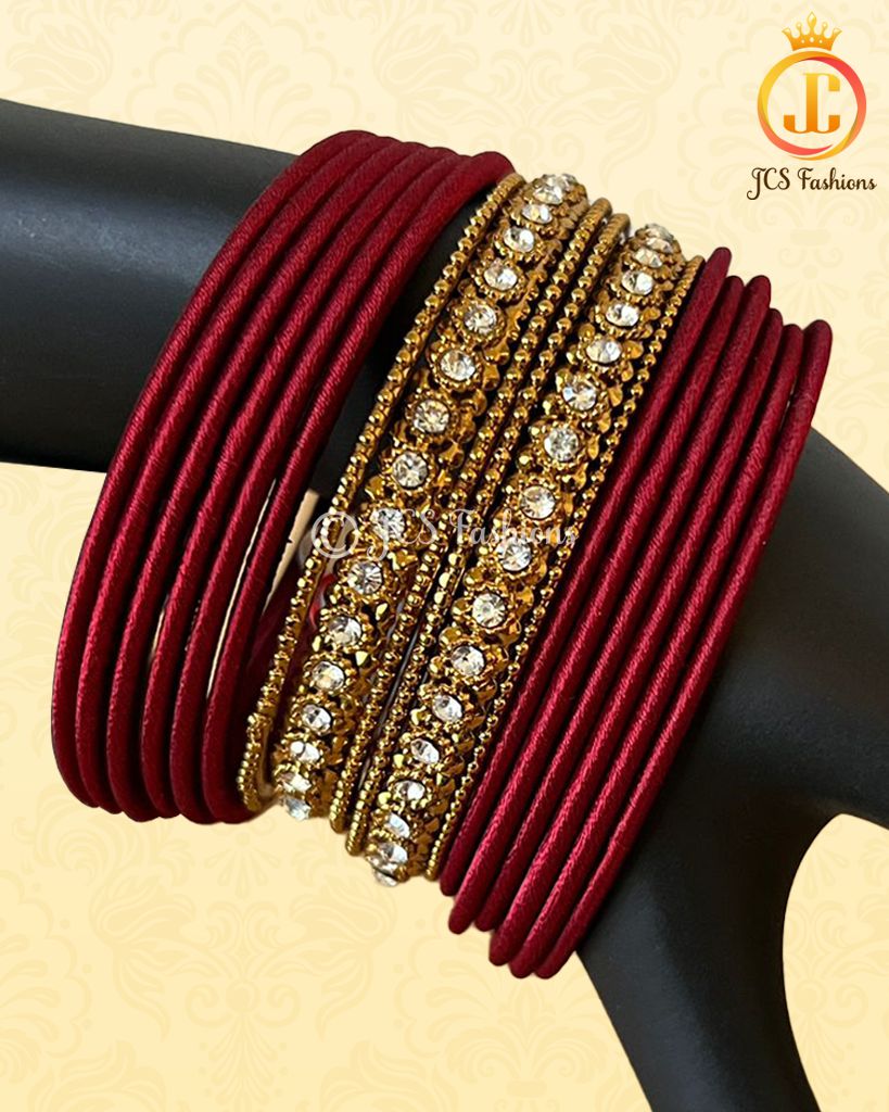 Stylish Silk Thread and Stone Bangles - Maroon - JCSFashions