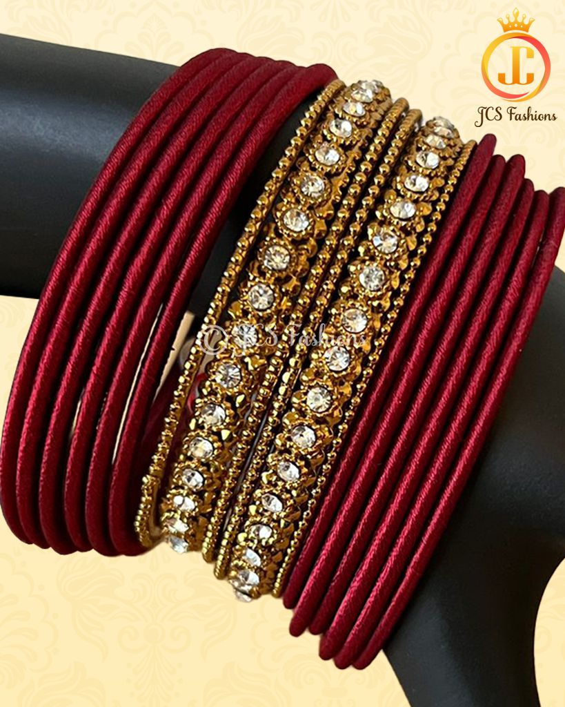 Stylish Silk Thread and Stone Bangles - Maroon - JCSFashions