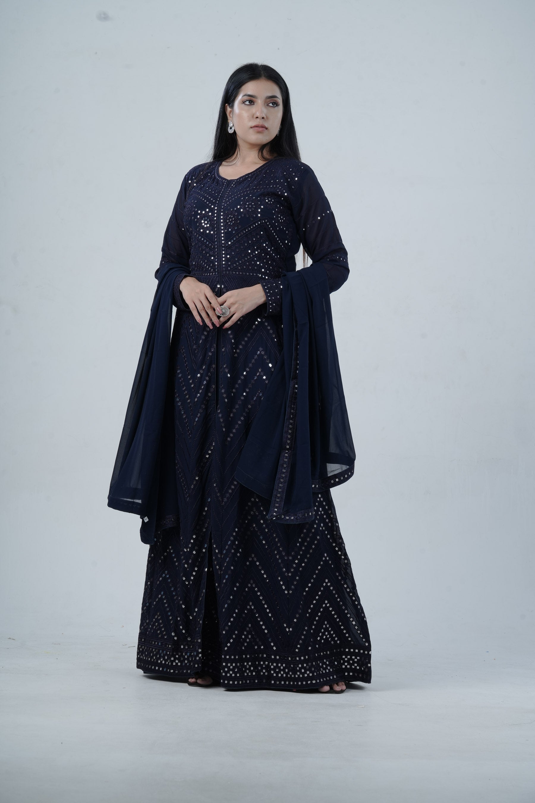 Elegant Floor-Length Gown with Embroidery & Sequins - Navy Blue KURTI JCS Fashions