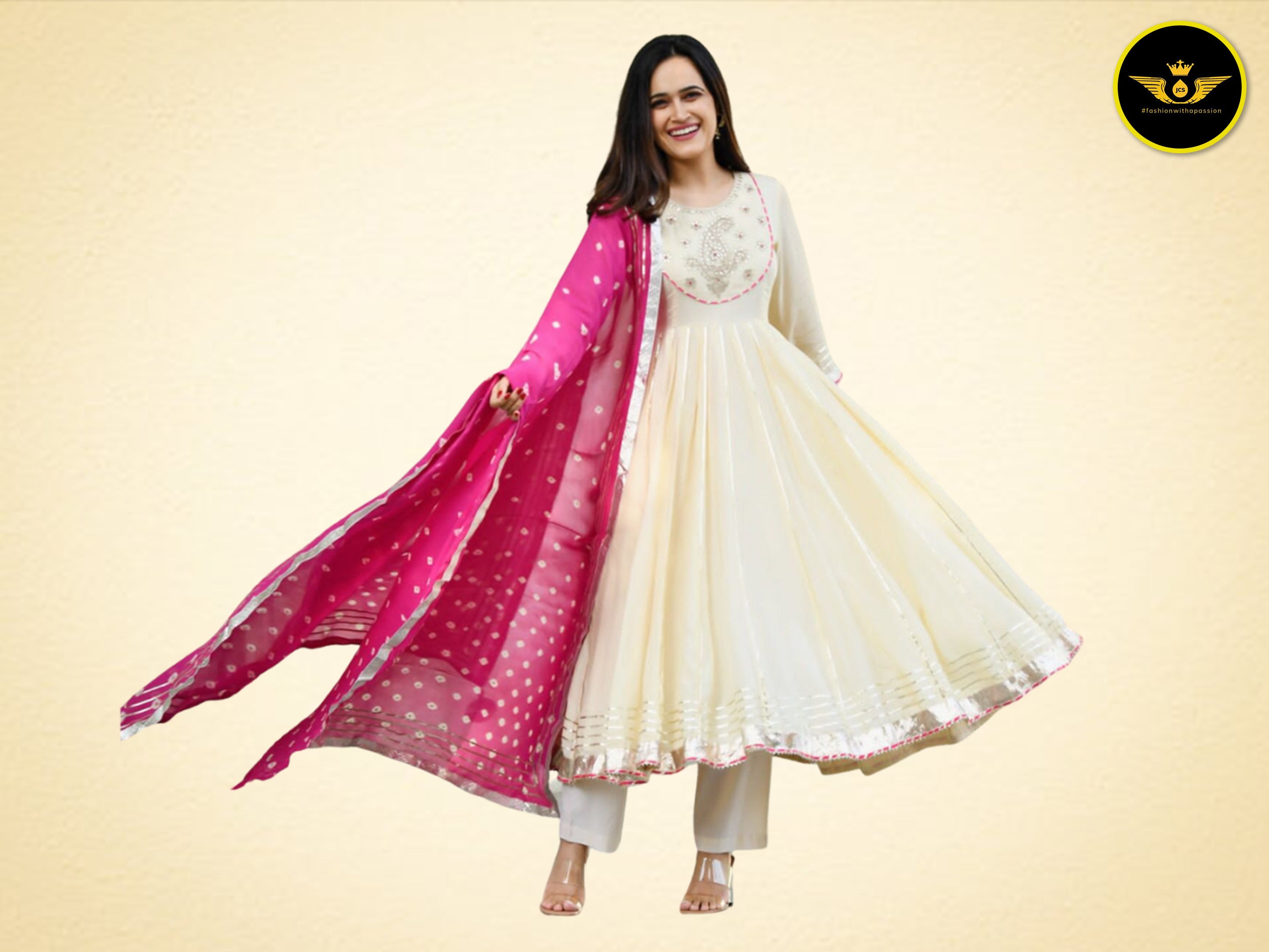 Beautiful Anarkali Gown with Bandej Dupatta in Mesmerizing White KURTI JCS Fashions