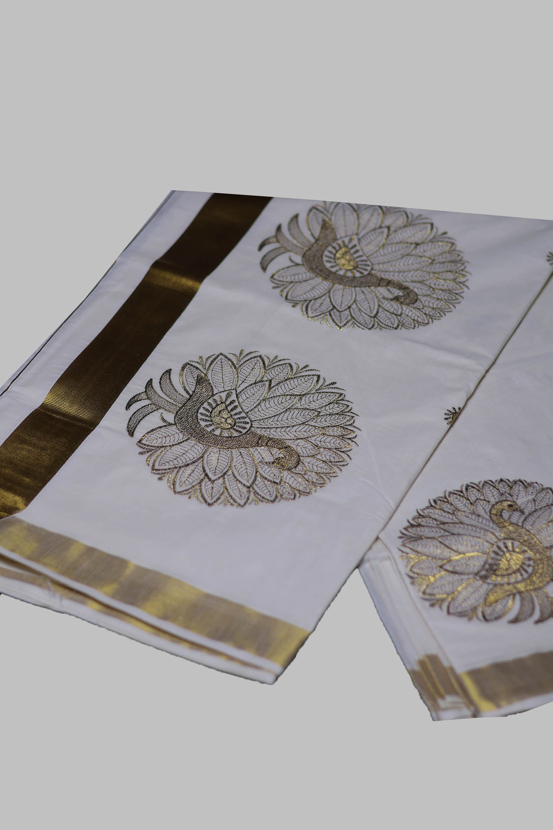 Elegant Kerala Cotton Saree with Peacock Motifs & Gold Zari Border Saree JCS Fashions White With Gold 5.5 meters