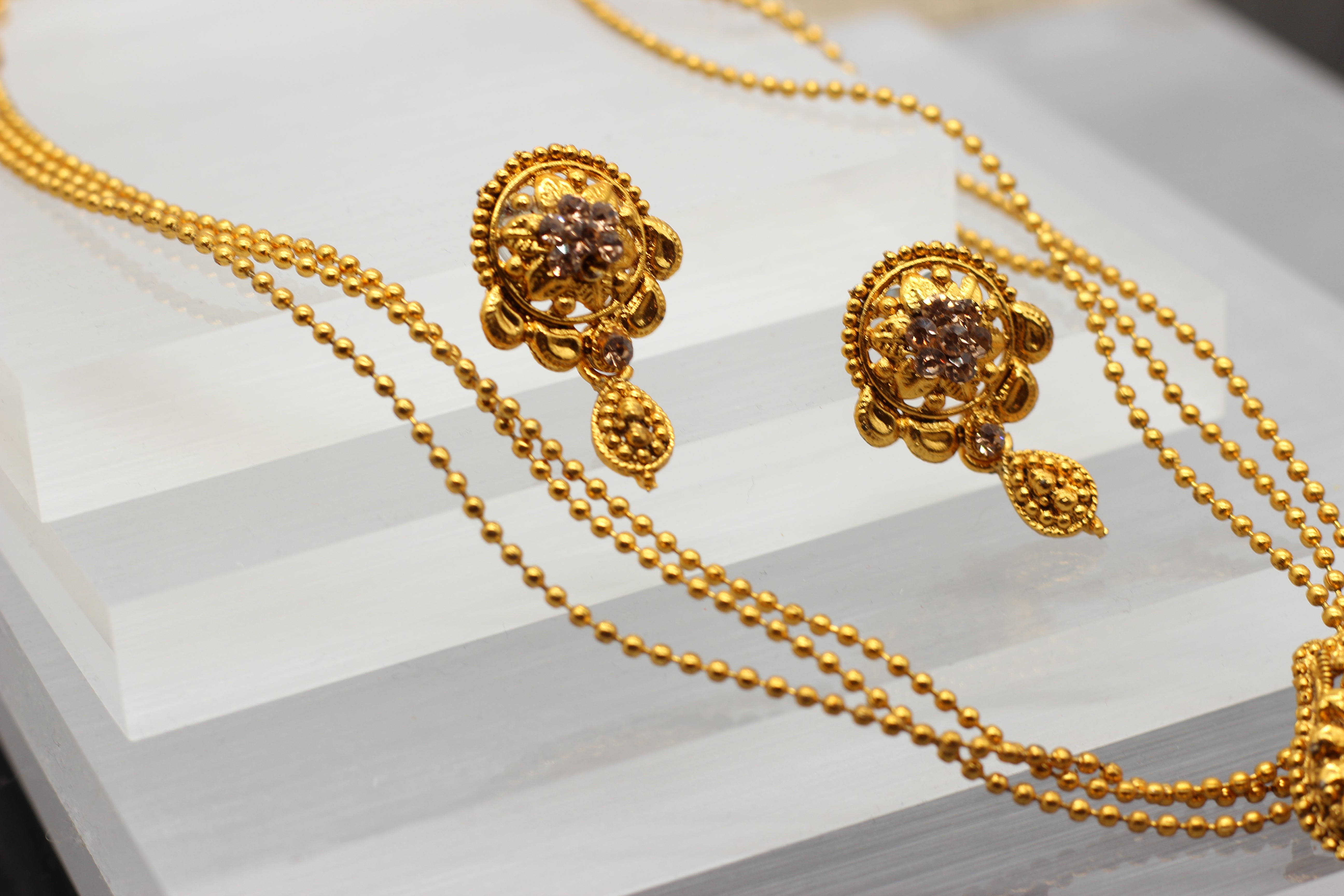 Traditional Matte Gold Chain and Earring Set - Exquisite Temple Jewelry Jewelry JCS Fashions