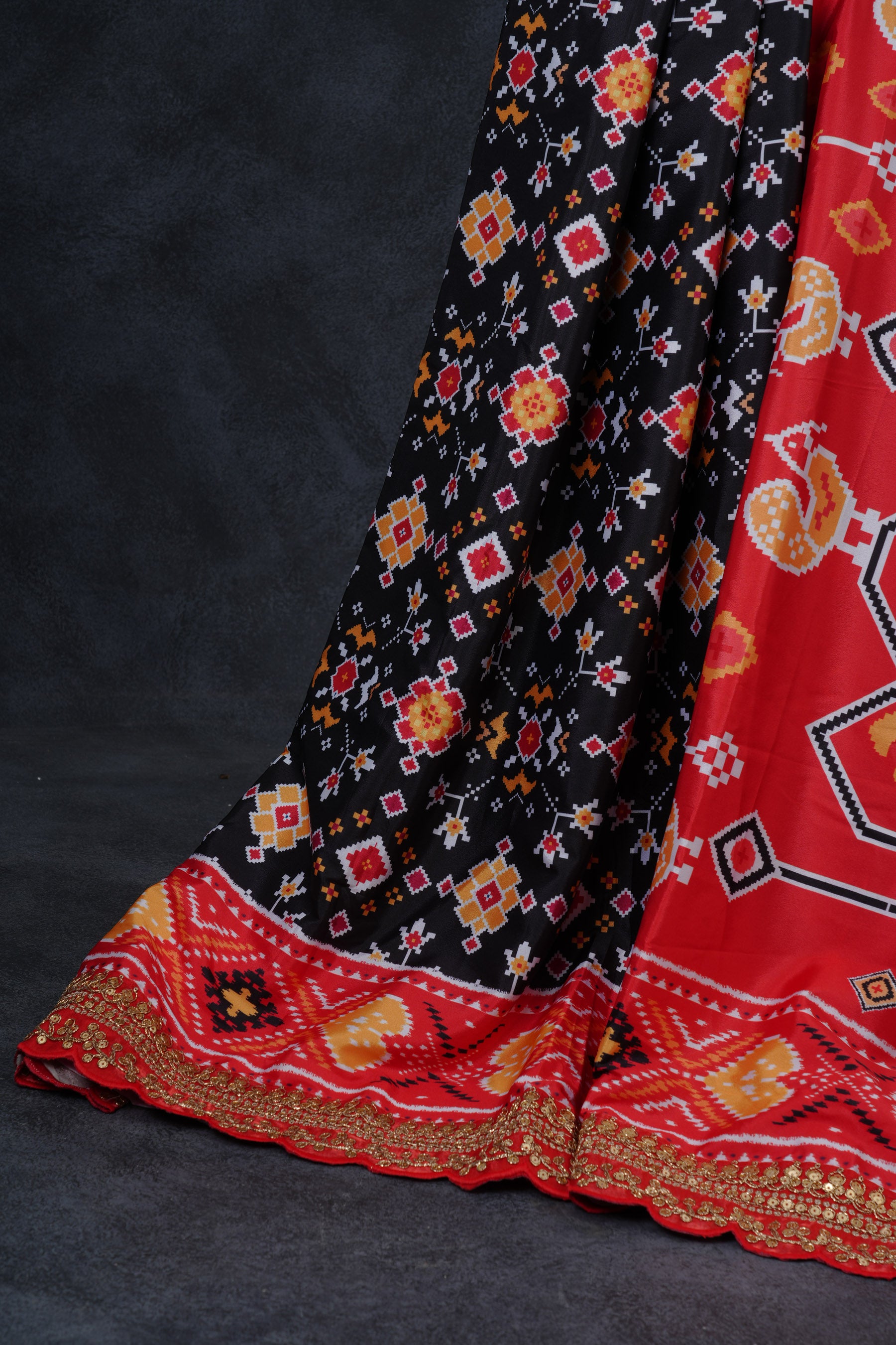 Satin Silk Patola Saree in Imperial Black & Red Ikkat design with Stitched Blouse Saree JCS Fashions