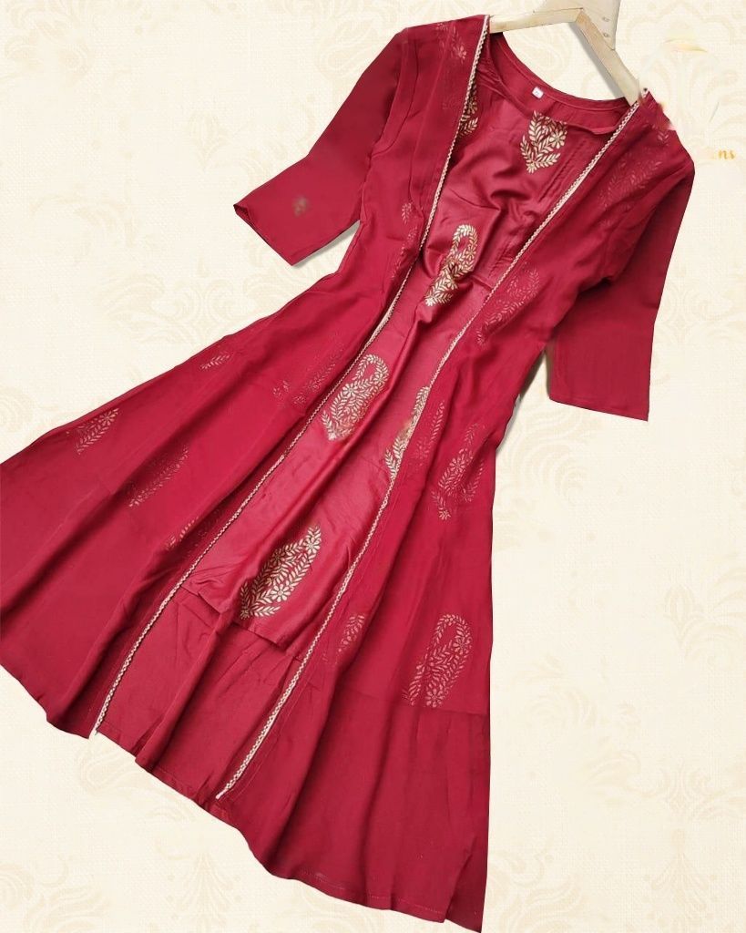 Elegant Crepe Silk Kurti with Foil Print – Perfect for Casual Wear KURTI JCS Fashions Maroon Medium (38)