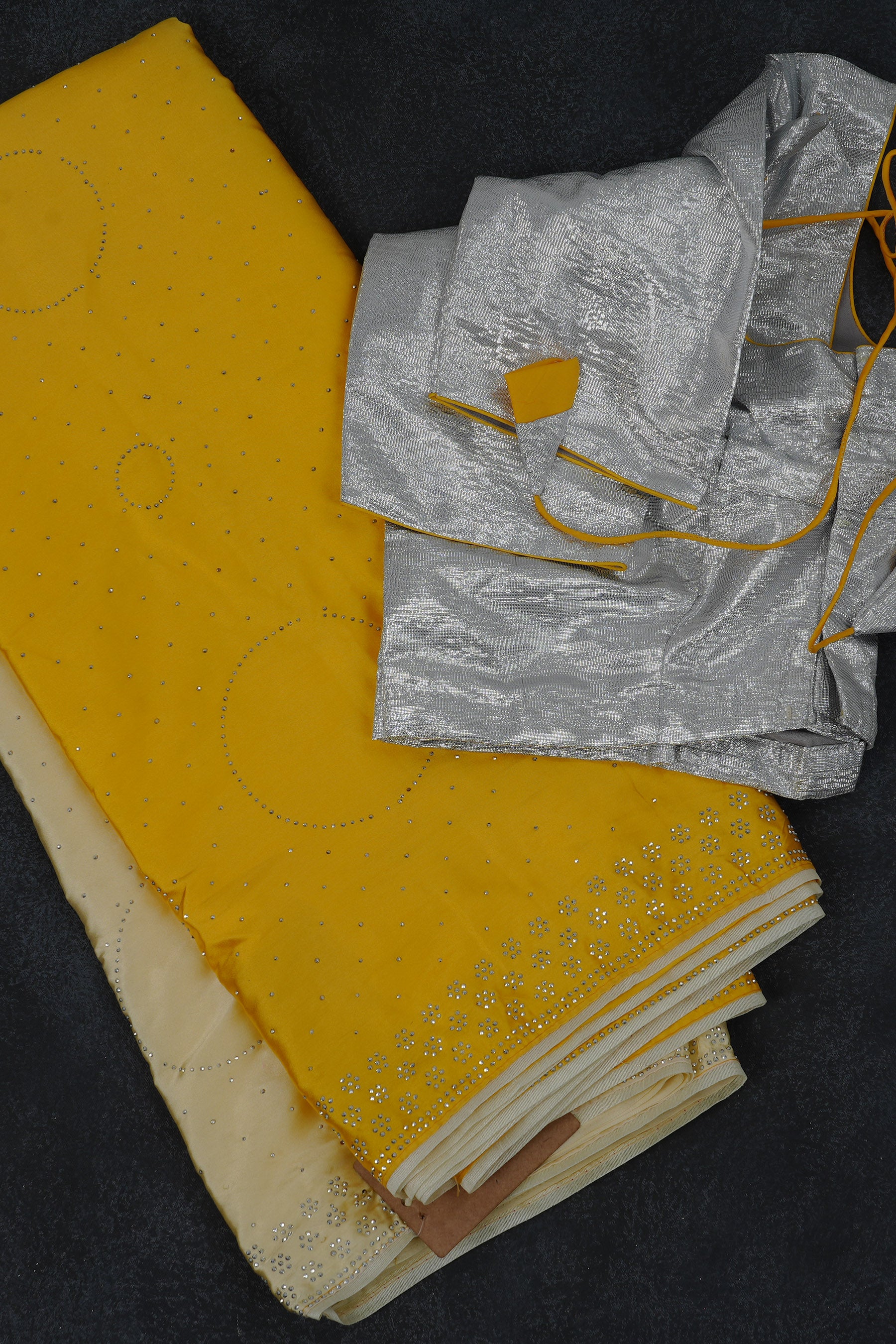 Japan Satin Saree with Diamond Studs in Light and Dark Yellow Shades Saree JCS Fashions