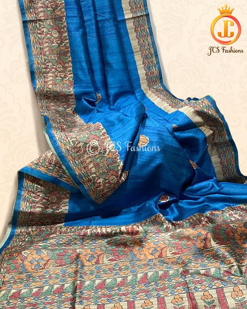 Vibrant Blue Traditional Printed Semi Tussar Saree with Zari Pallu