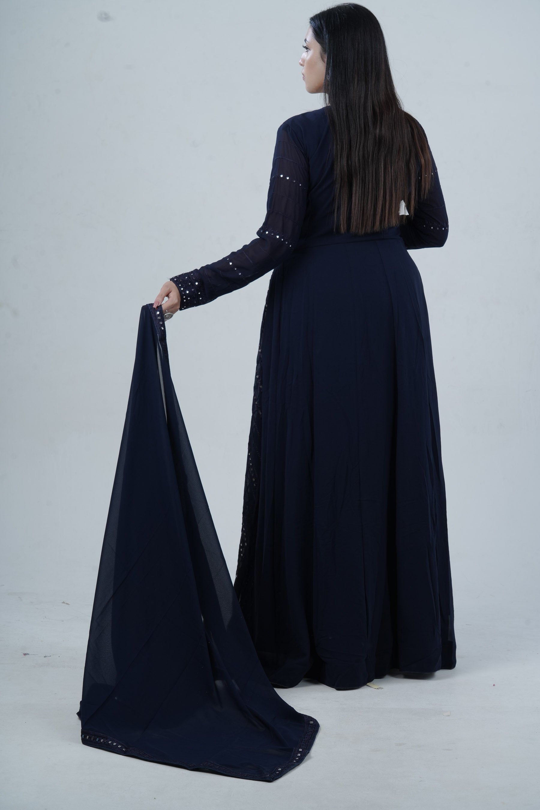 Elegant Floor-Length Gown with Embroidery & Sequins - Navy Blue KURTI JCS Fashions