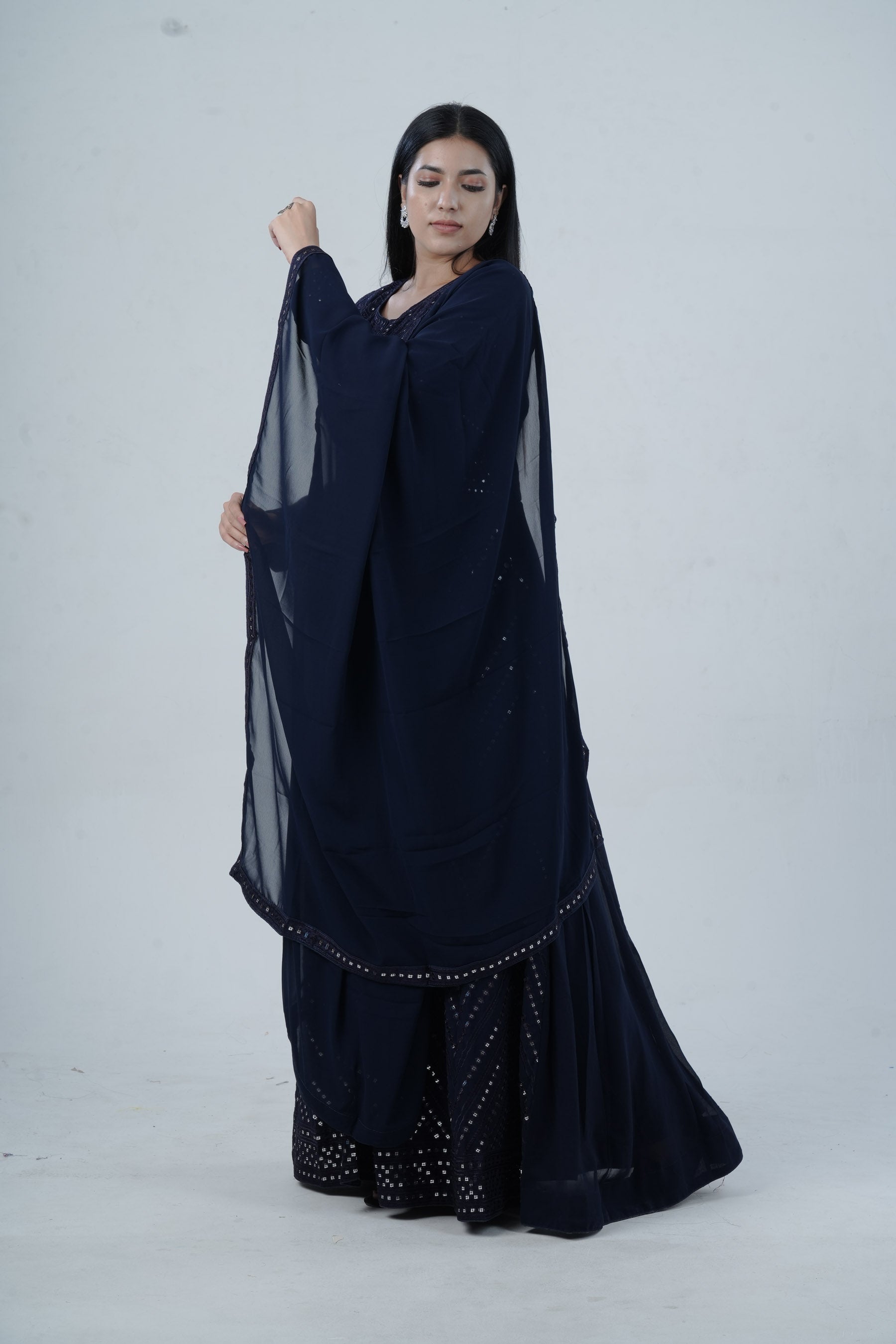 Elegant Floor-Length Gown with Embroidery & Sequins - Navy Blue KURTI JCS Fashions