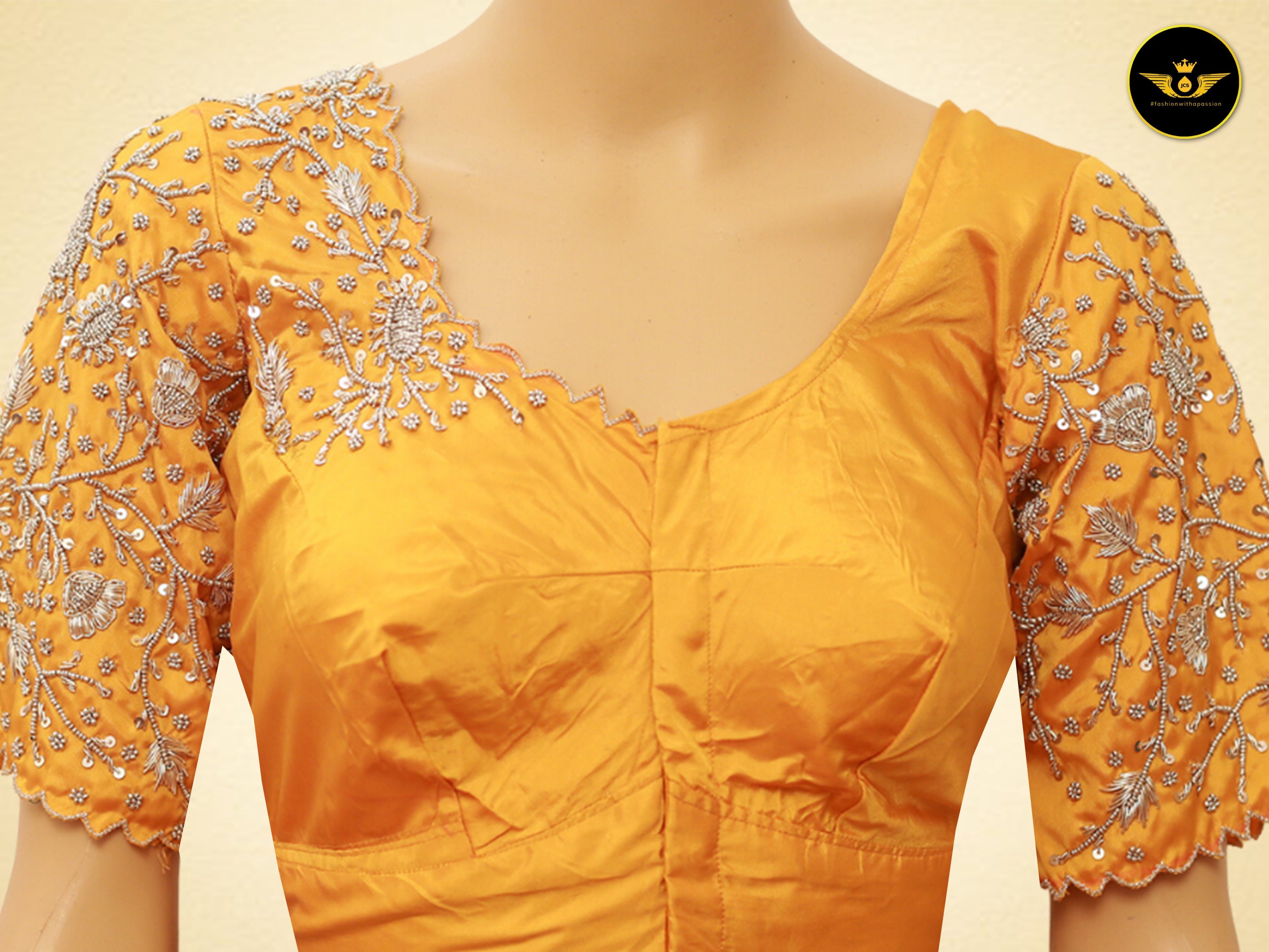 Stylish Indian Aari Work Silk Fabric Blouse With Latkan Blouse JCS Fashions yellow 42