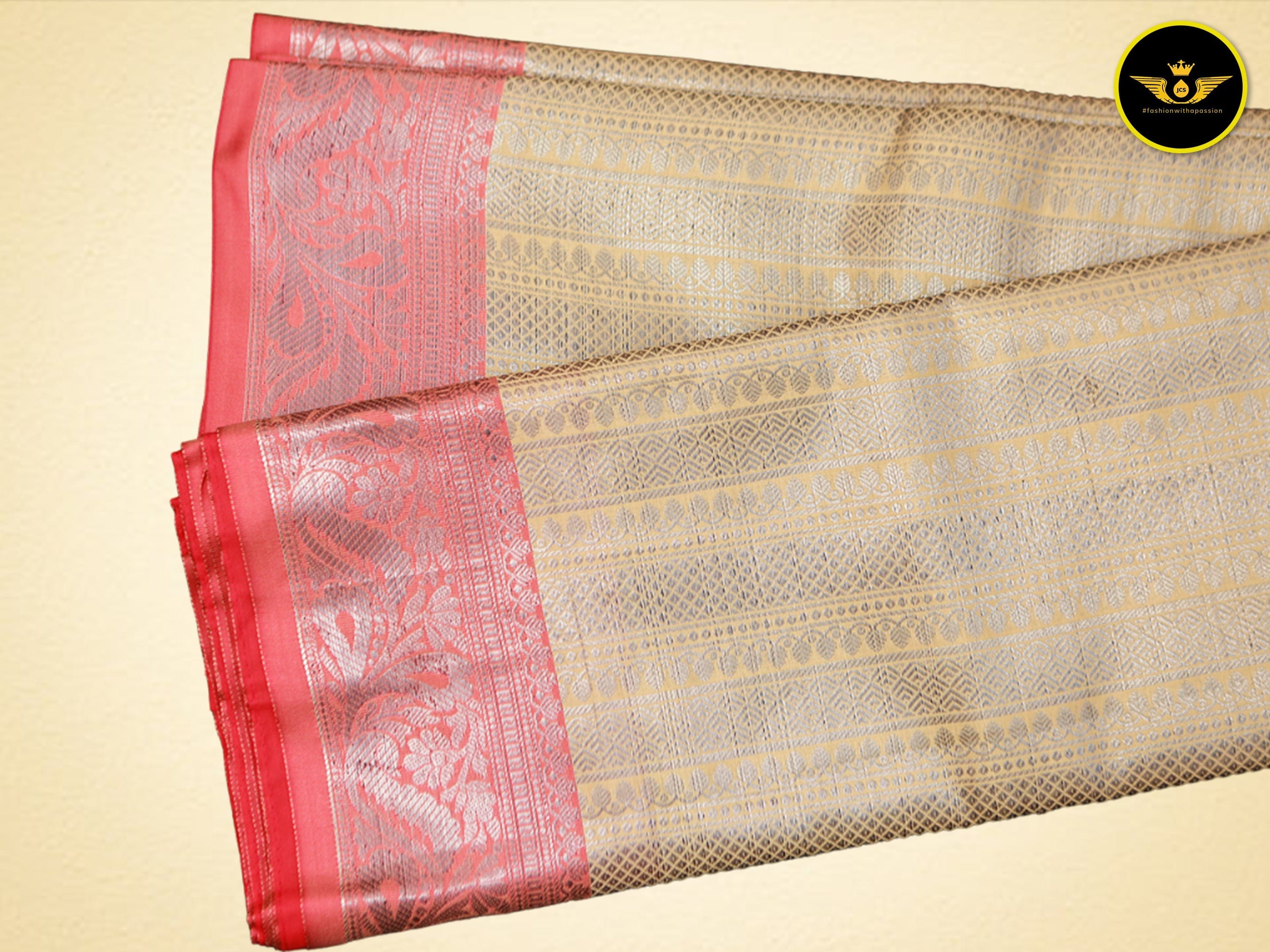 Handwoven Semi-Silk Saree with Silver Zari & Vibrant Contrast Blouse Saree JCS Fashions Cream 5.5 meters