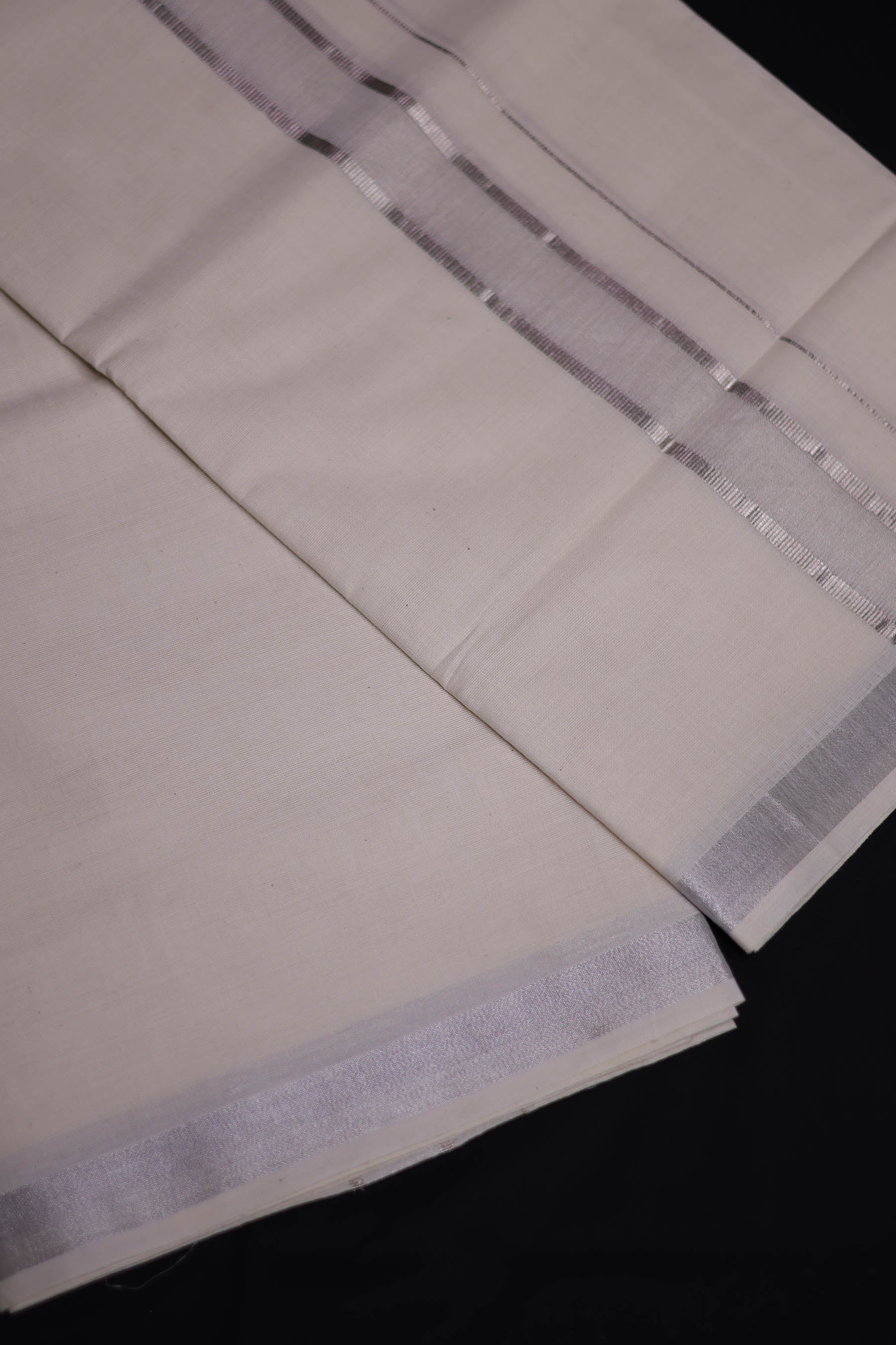 Elegant Men's Kerala Cotton Double Dhoti with Silver Zari Borders