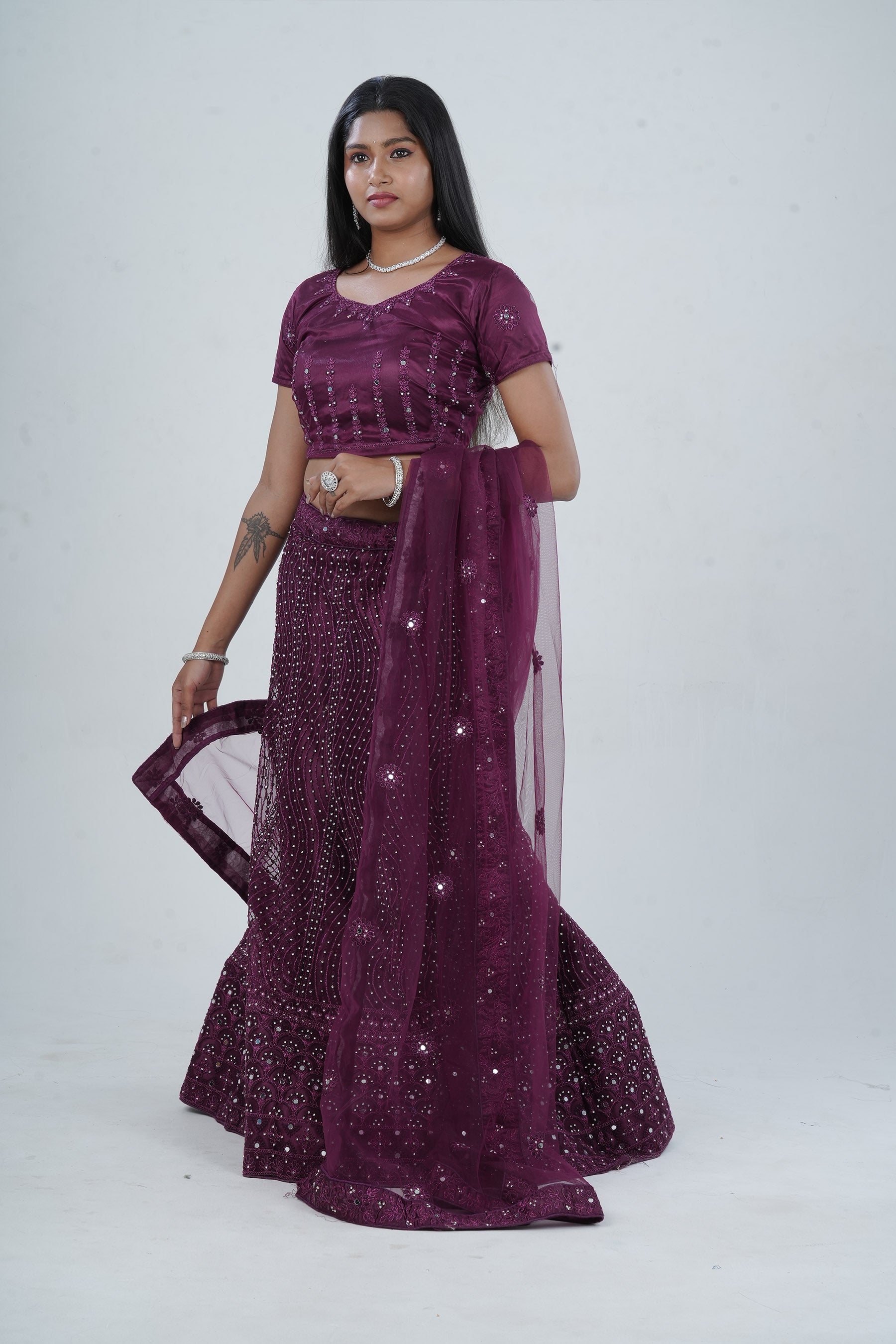 Stunning Net Lehenga Adorned with Stone and Mirror Detailing LEHENGA JCS Fashions Wine Large (40)