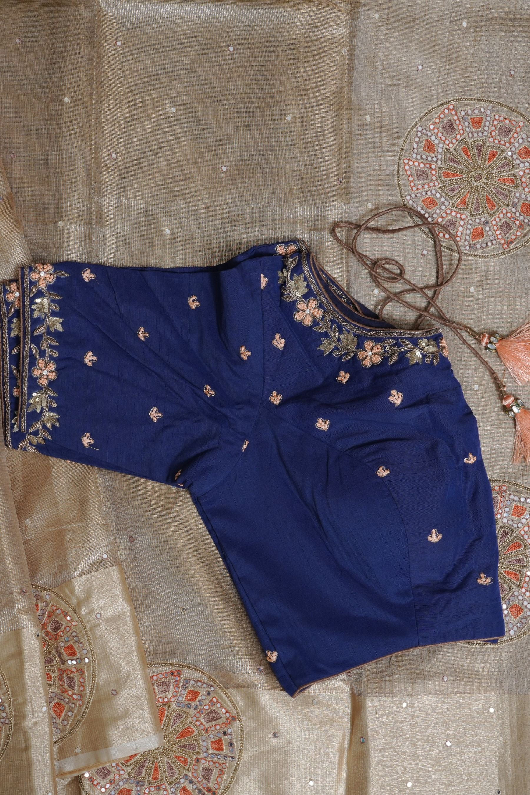 Gold Tissue Silk Sarees with Hand Embroidery and Maggam Work Blouse