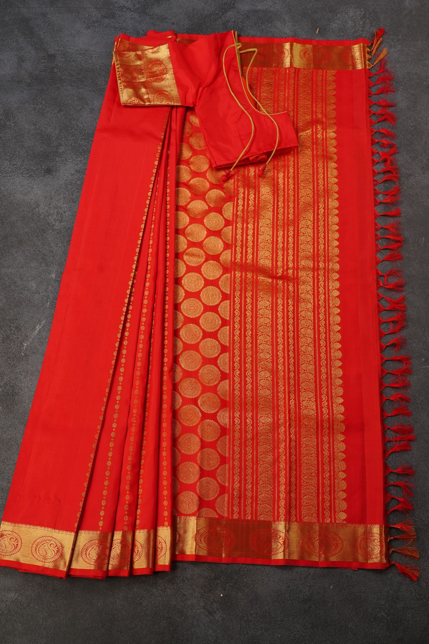 Pure Kanchipuram Saree: Gold and Copper Zari Butties & Stitched Blouse SAREE JCS Fashions Orange 5.5 Meters