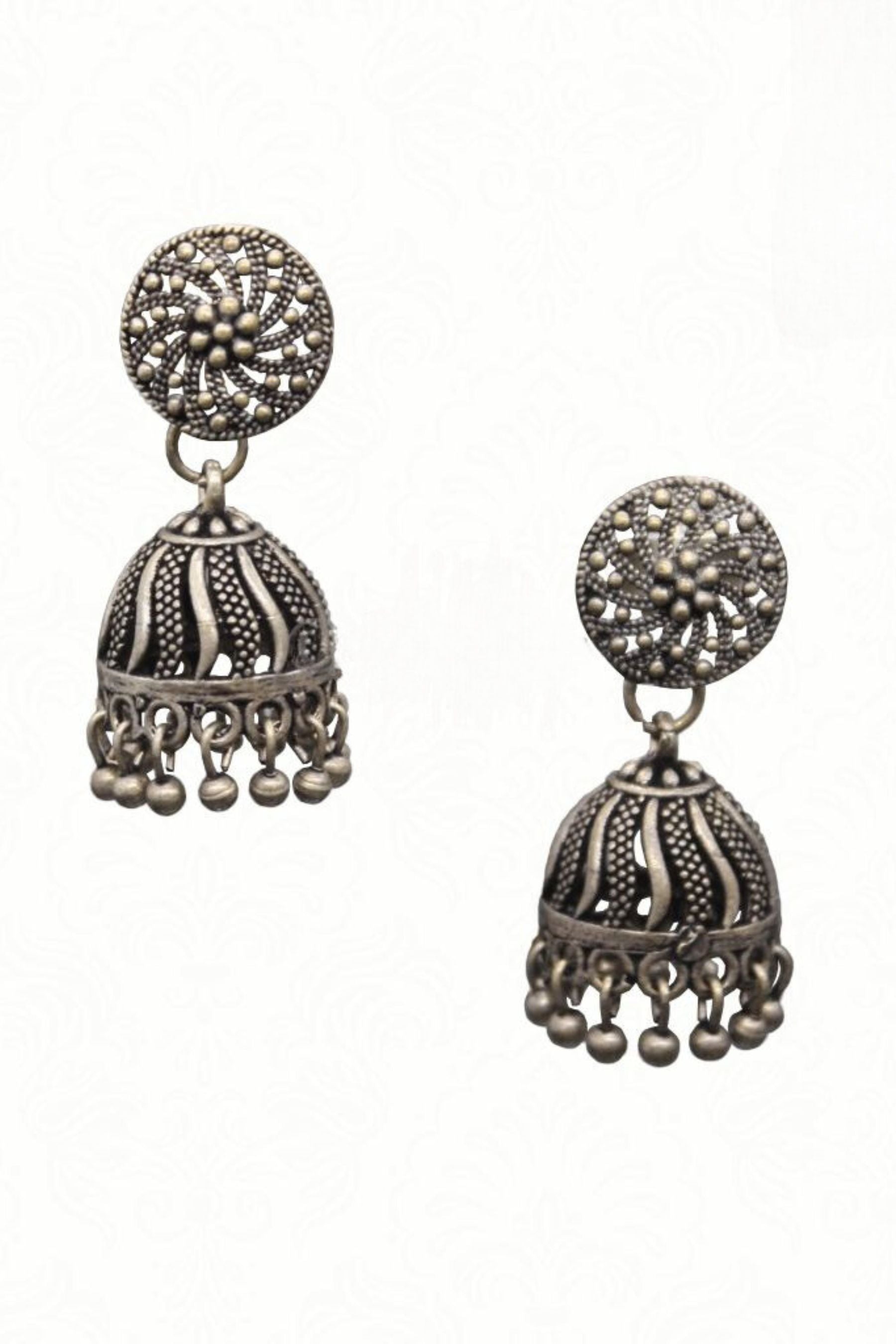 Intricate Delights Artisan Made Oxidized Silver Plated Jhumka Earrings Jewelry JCS Fashions Silver