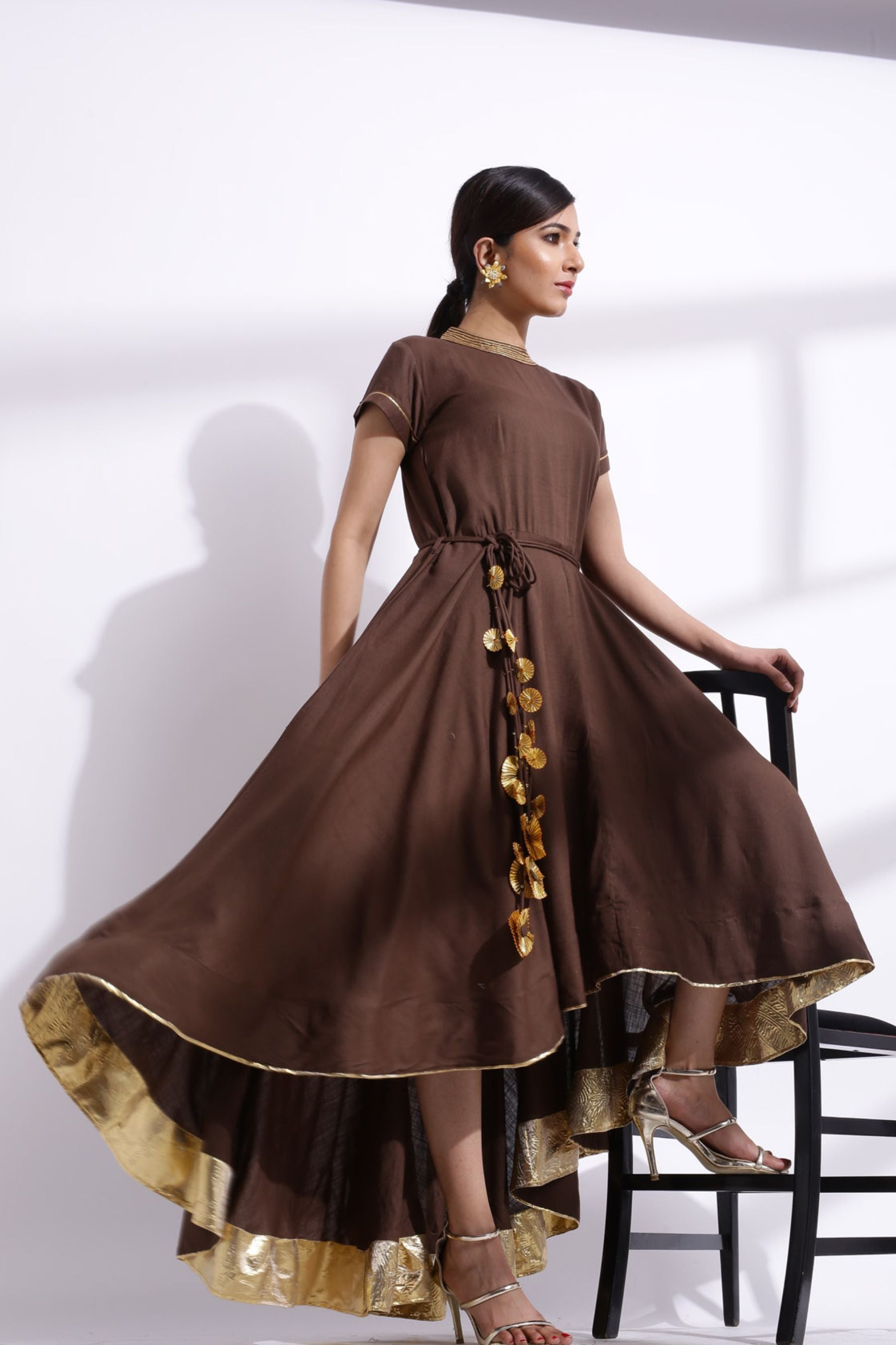 Gota Detailing Fishtail Dress brown solid -JCS Fashions Sustainable JCS Fashions