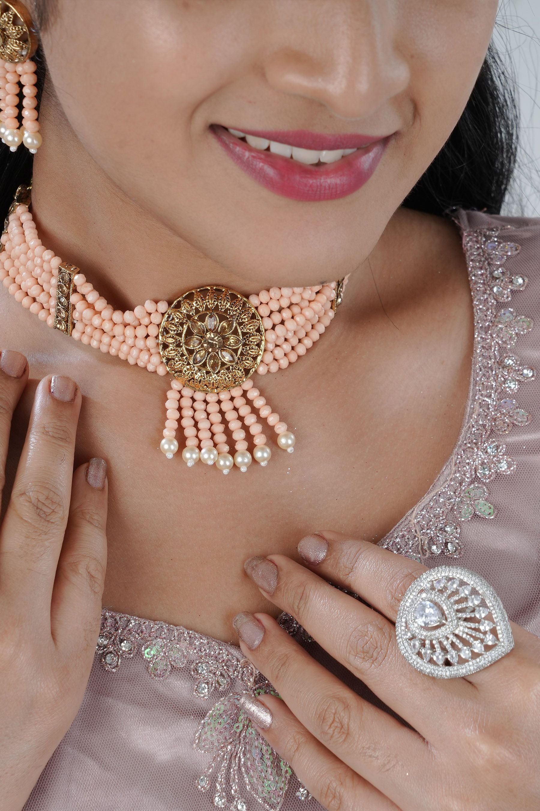 Stunning Peach Beaded Jewelry Set - Matte Finish Choker, Earrings & Tikka Jewelry JCS Fashions