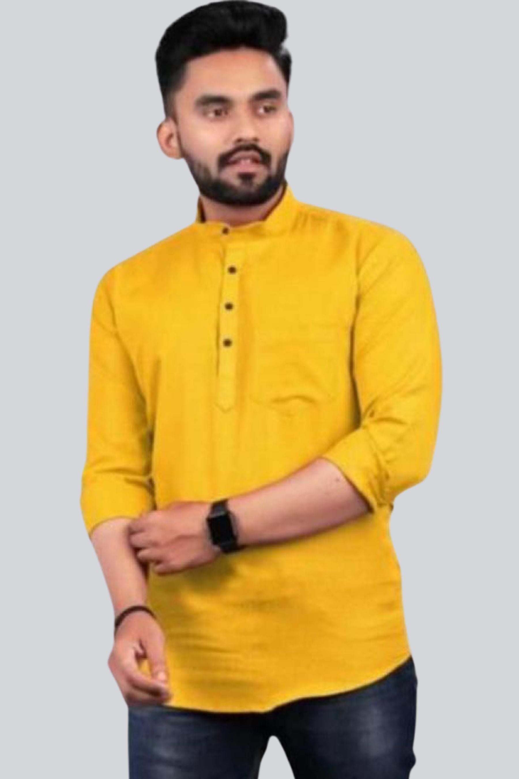 Modern Fusion Men's Short Kurtas in Solid Colors by JCS Fashions Men JCS Fashions Yellow Medium