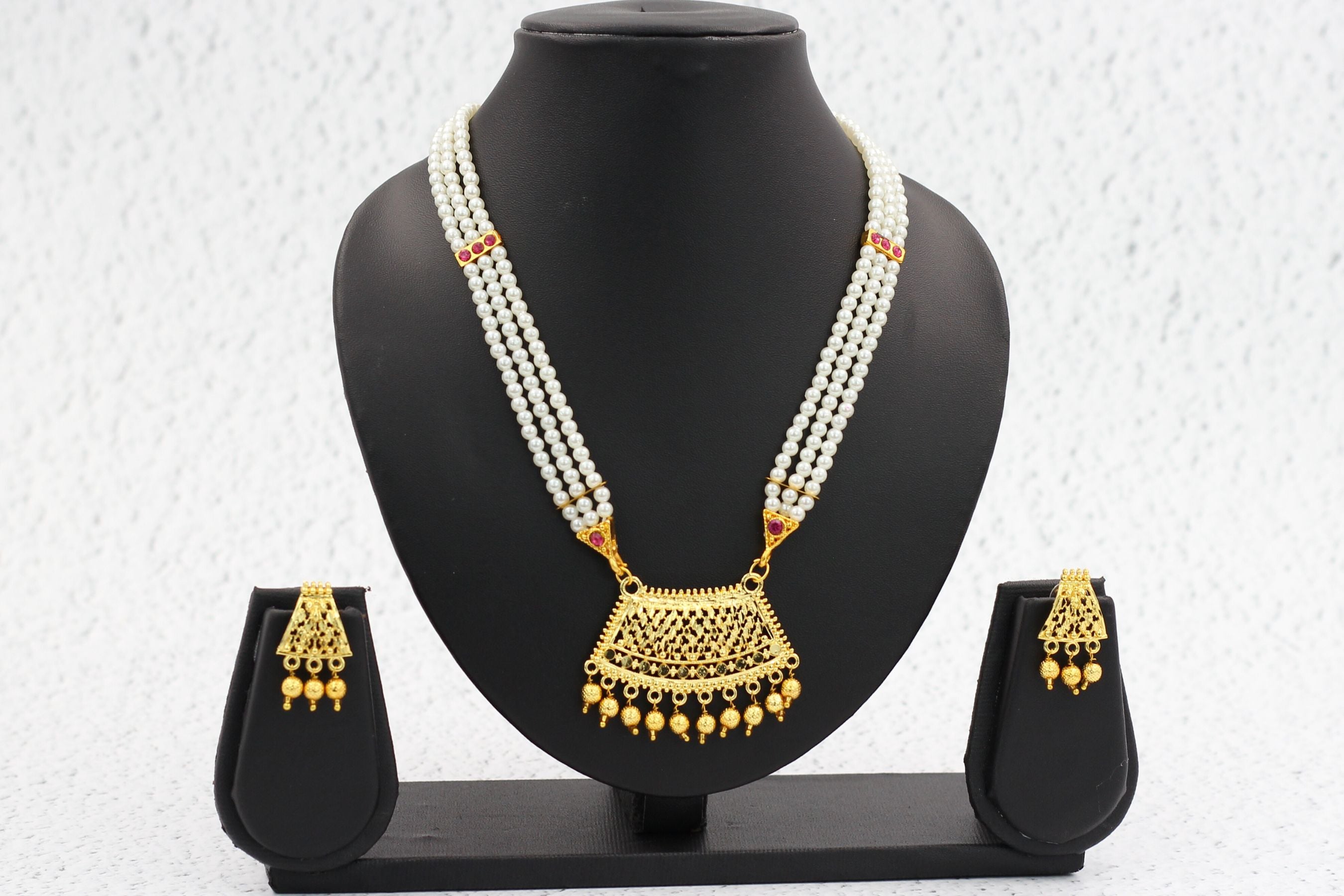 Lustrous Pearl-Adorned Haar Necklace and Earring Set Jewelry JCS Fashions Gold 14 inch