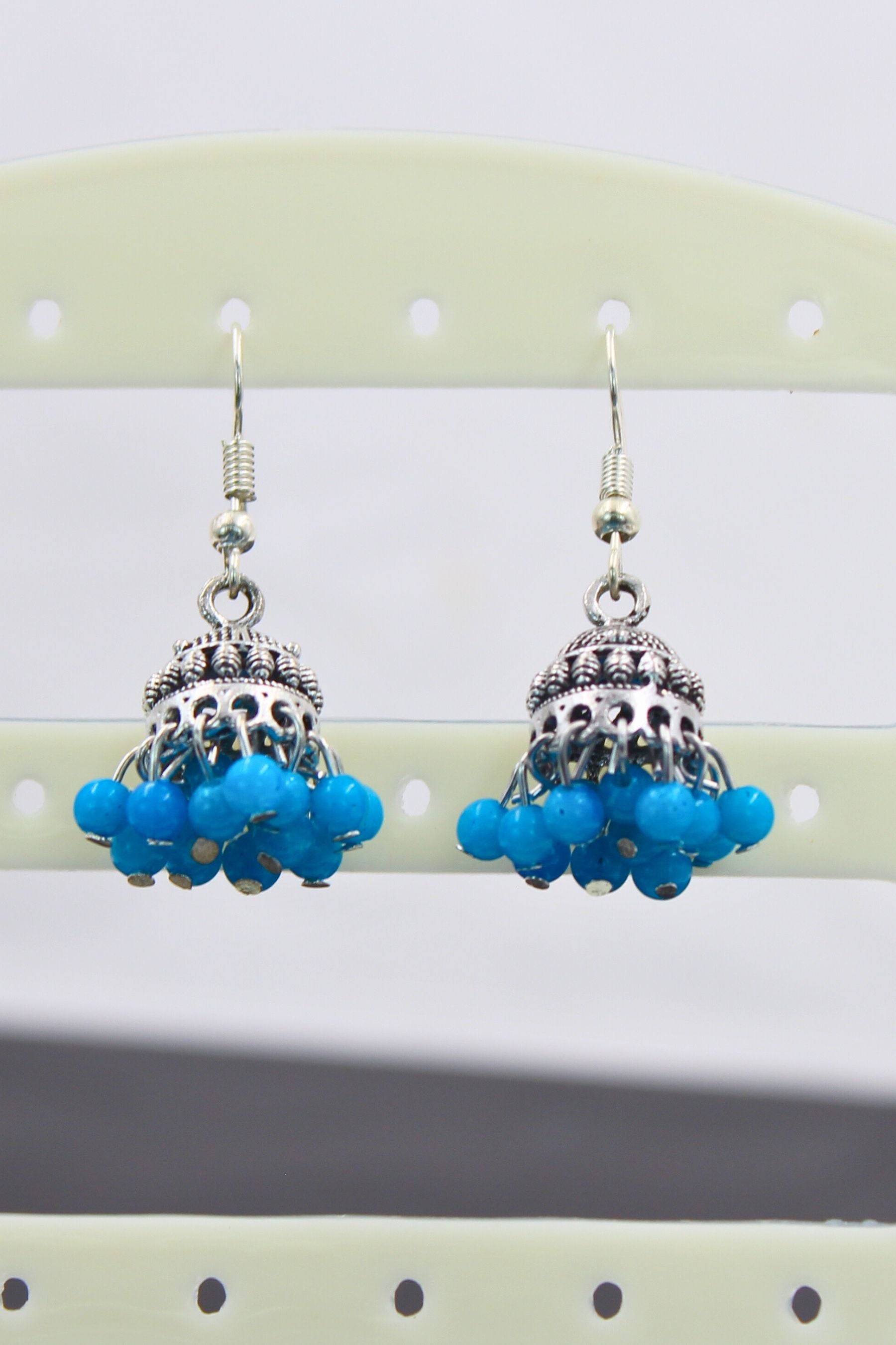 Colorful Jhumka Brass Earrings - Vibrant & Lightweight Traditional Jewelry JCS Fashions Sky Blue 1.5 inch