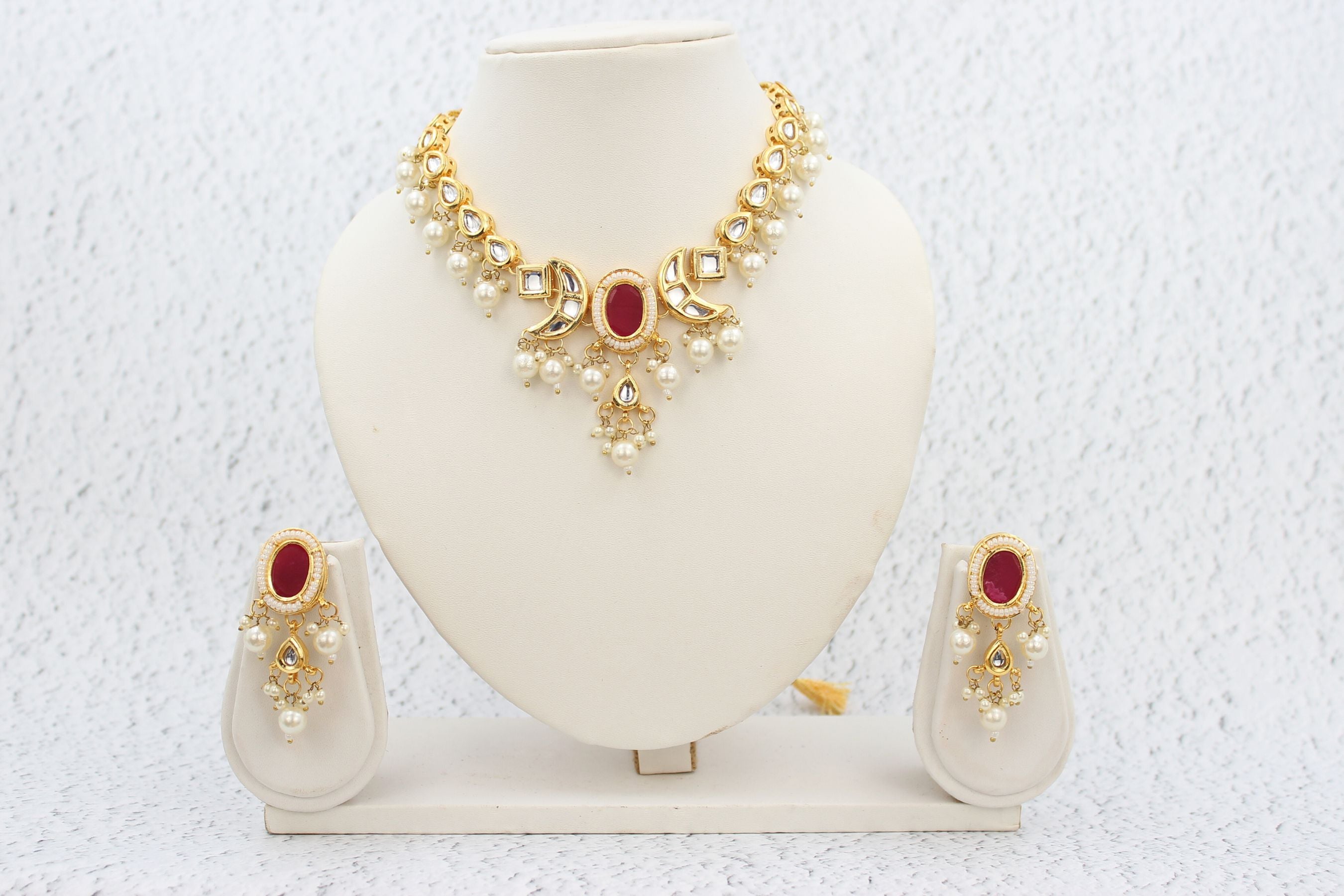 Kundan Fashion Double-Side Necklace Set - Pearls & Red Stone Elegance