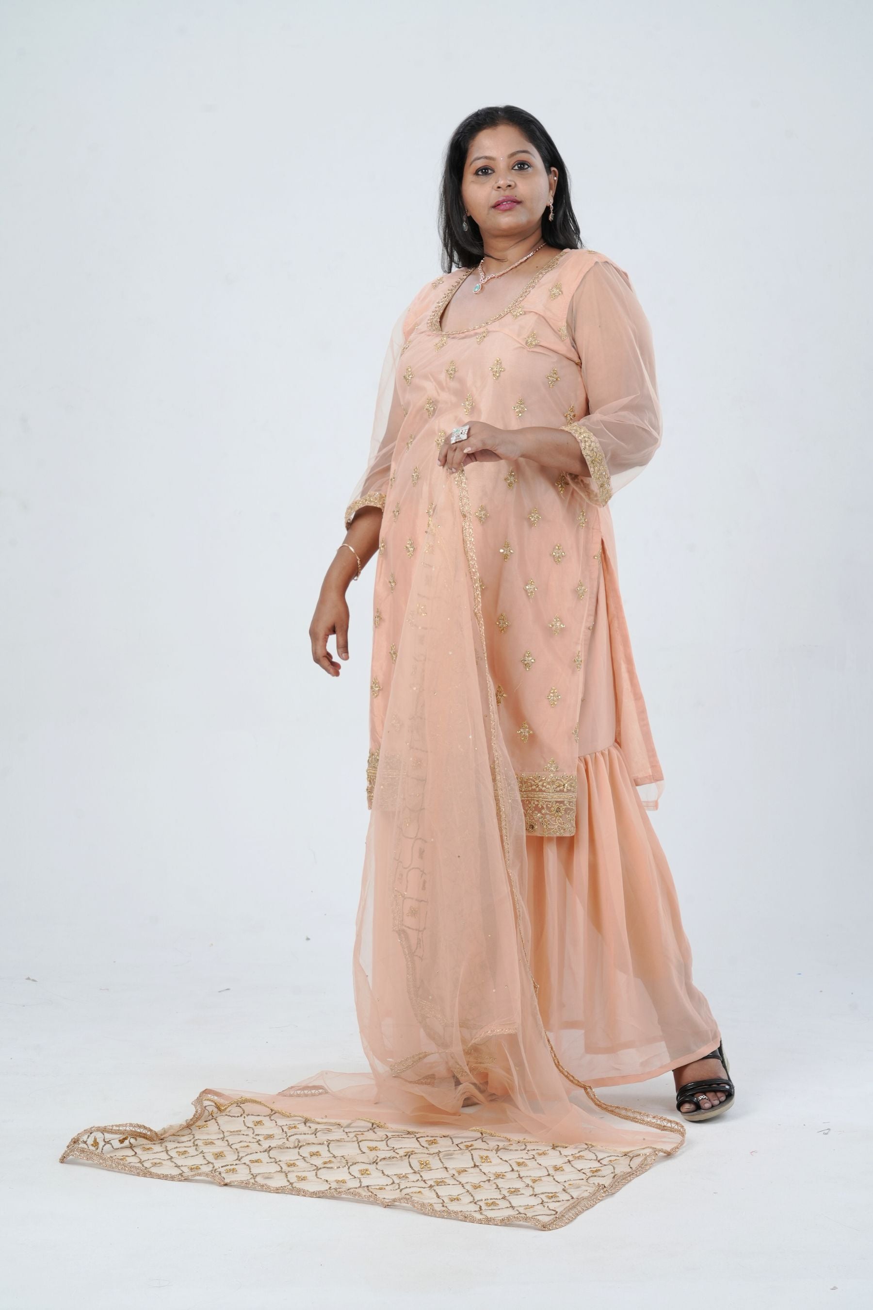 Plus Size: Ethnic Elegance: Soft Net Sharara in Peach KURTI JCS Fashions