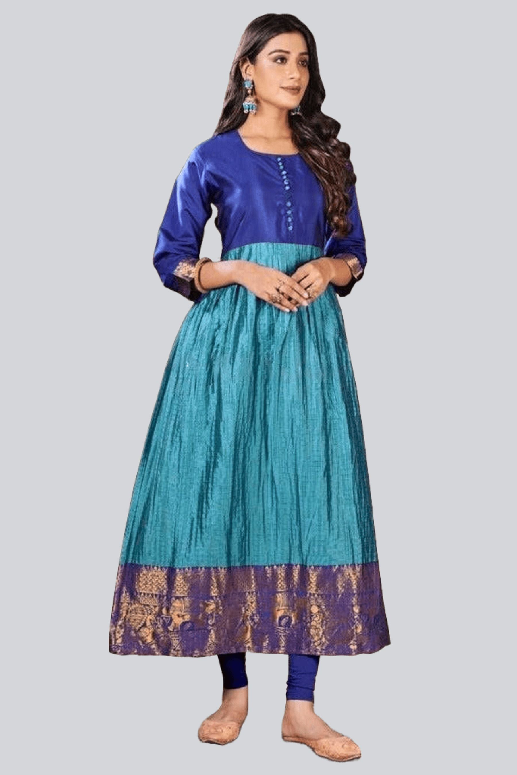 Silk Weaving Kurti with Jacquard Border with Modern Twist Kurti JCS Fashions Dark Blue & Light Blue Medium (38)