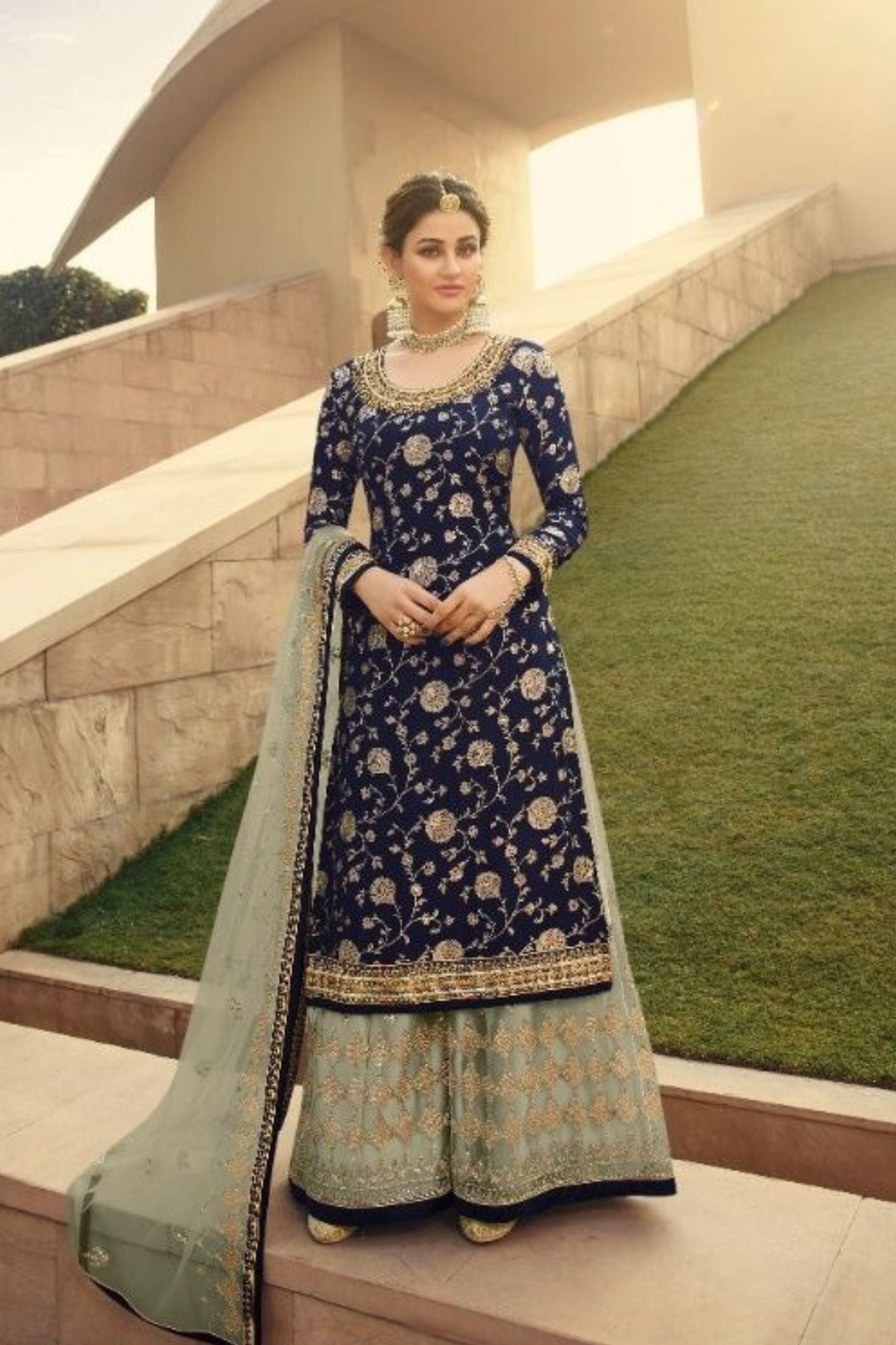 Sharara Suit With Intricate Stone and Embroidery work in Navy Blue KURTI JCS Fashions Navy blue Small (36)