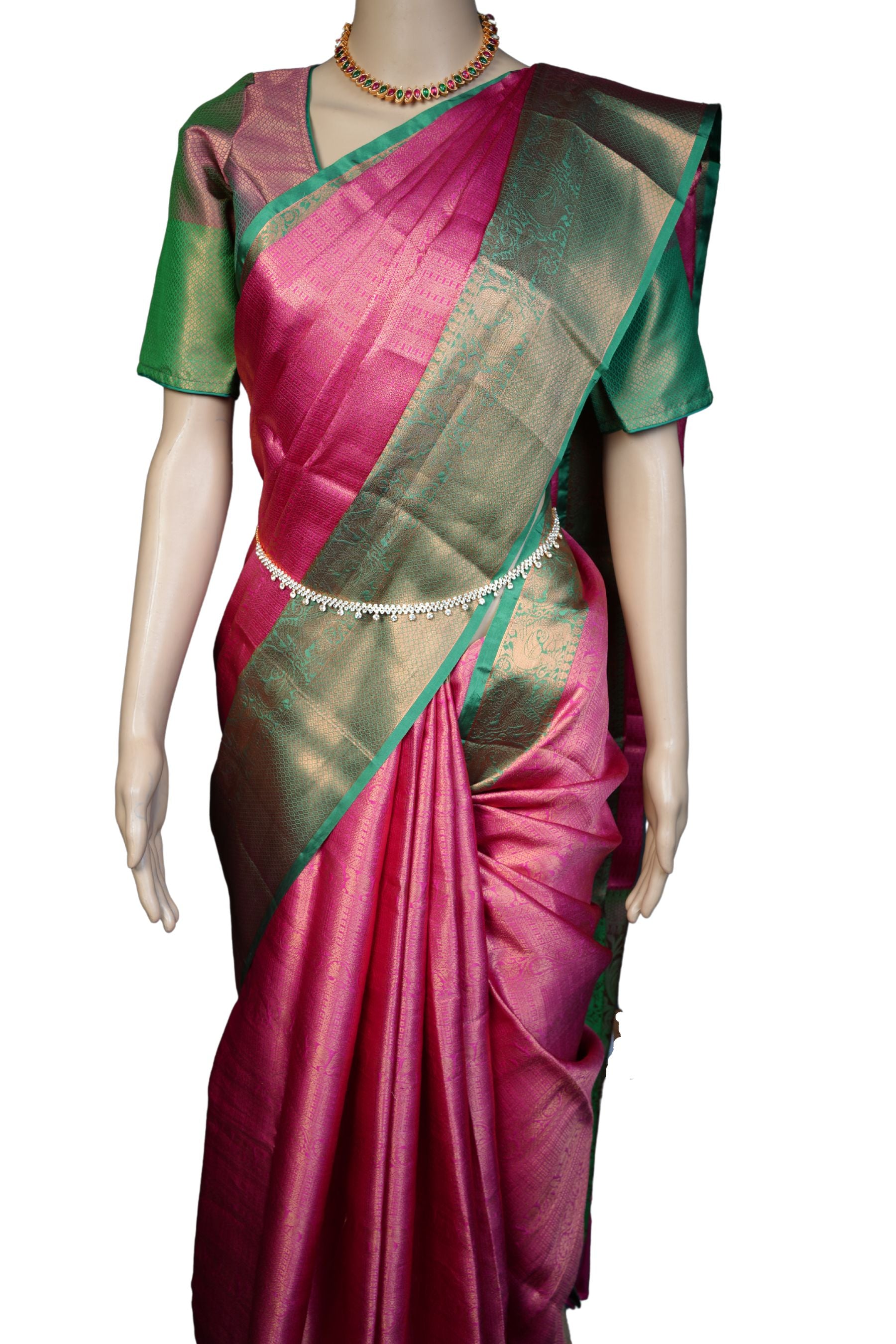 Rani Pink Banarasi Tissue Saree: Elegant Green Border &Jacquard Blouse Saree JCS Fashions Rani Pink 5.5 meters