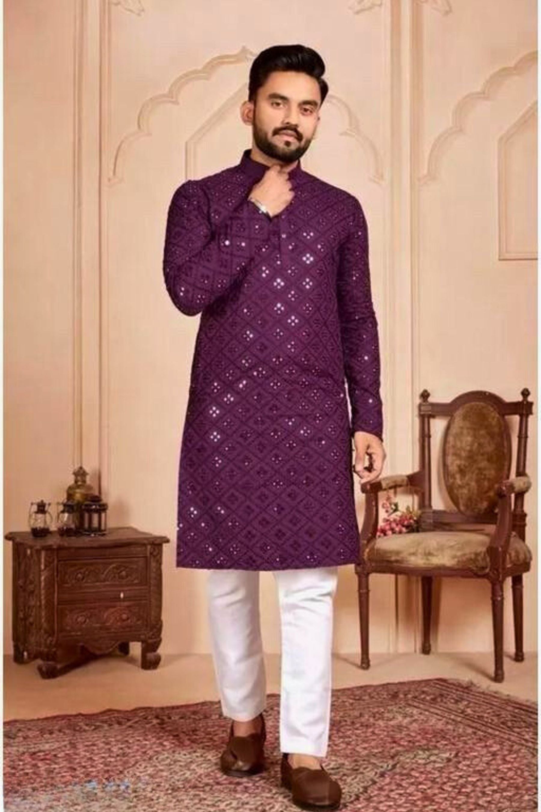 Festival Ready Mirror Embroidered Cotton Kurta Pajama Set - JCSFashions Men JCS Fashions Purple Large (40)