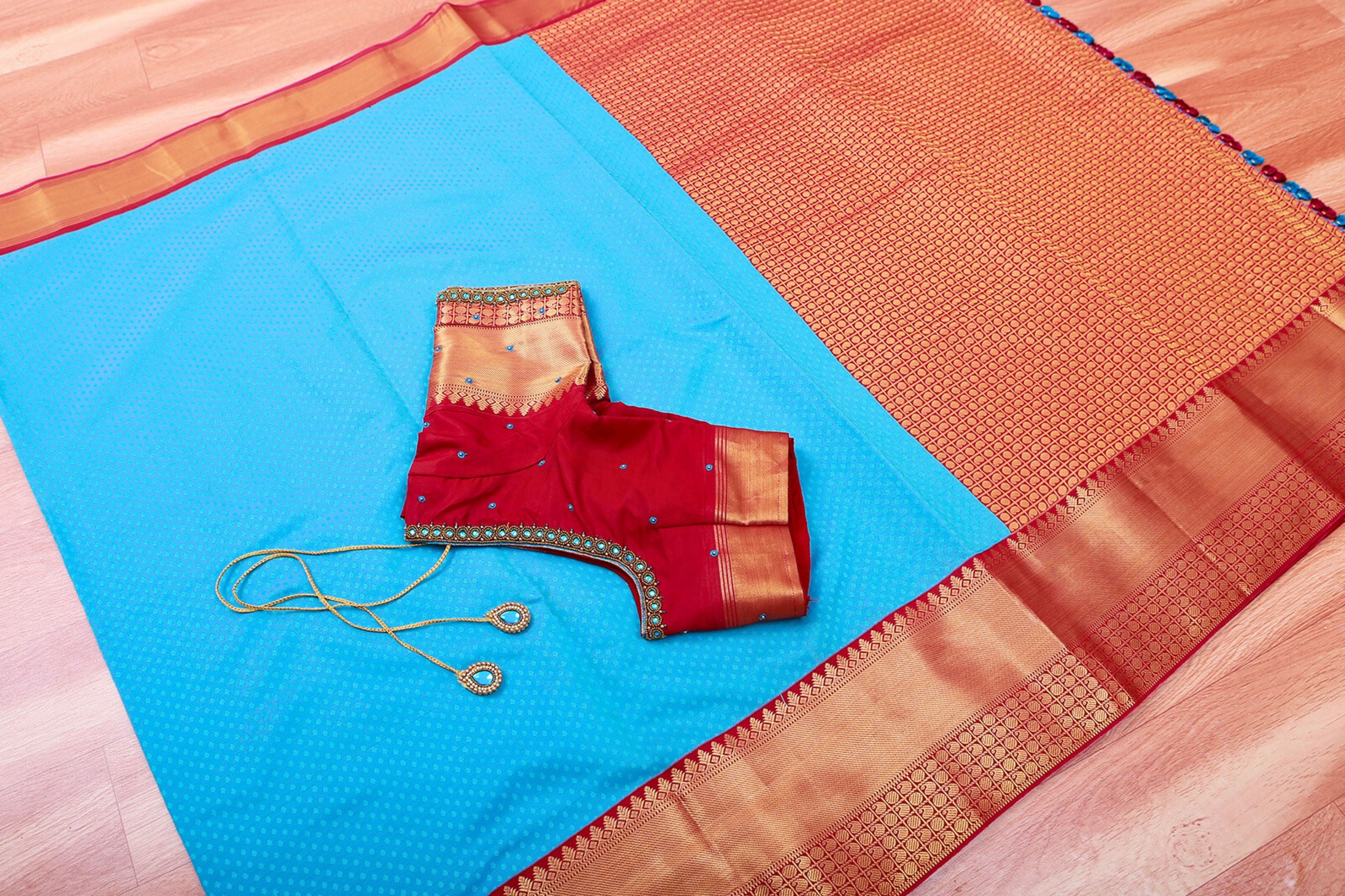 Blue Korvai Semi Silk Saree with Designer Tassels & Maggam Work Blouse