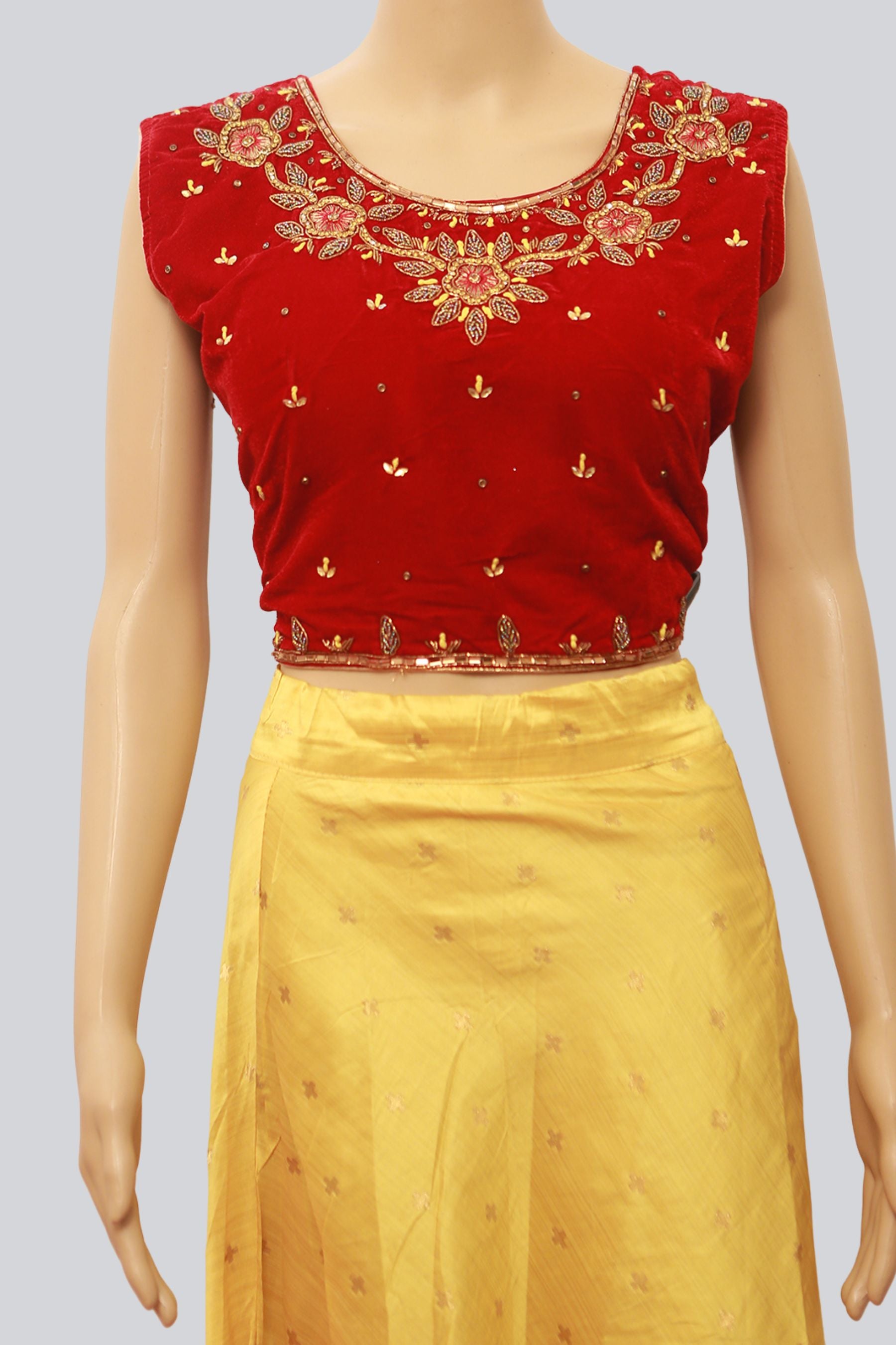 Sleek Velvet & Silk Crop Lehenga: Chic Design and Attached Sleeves