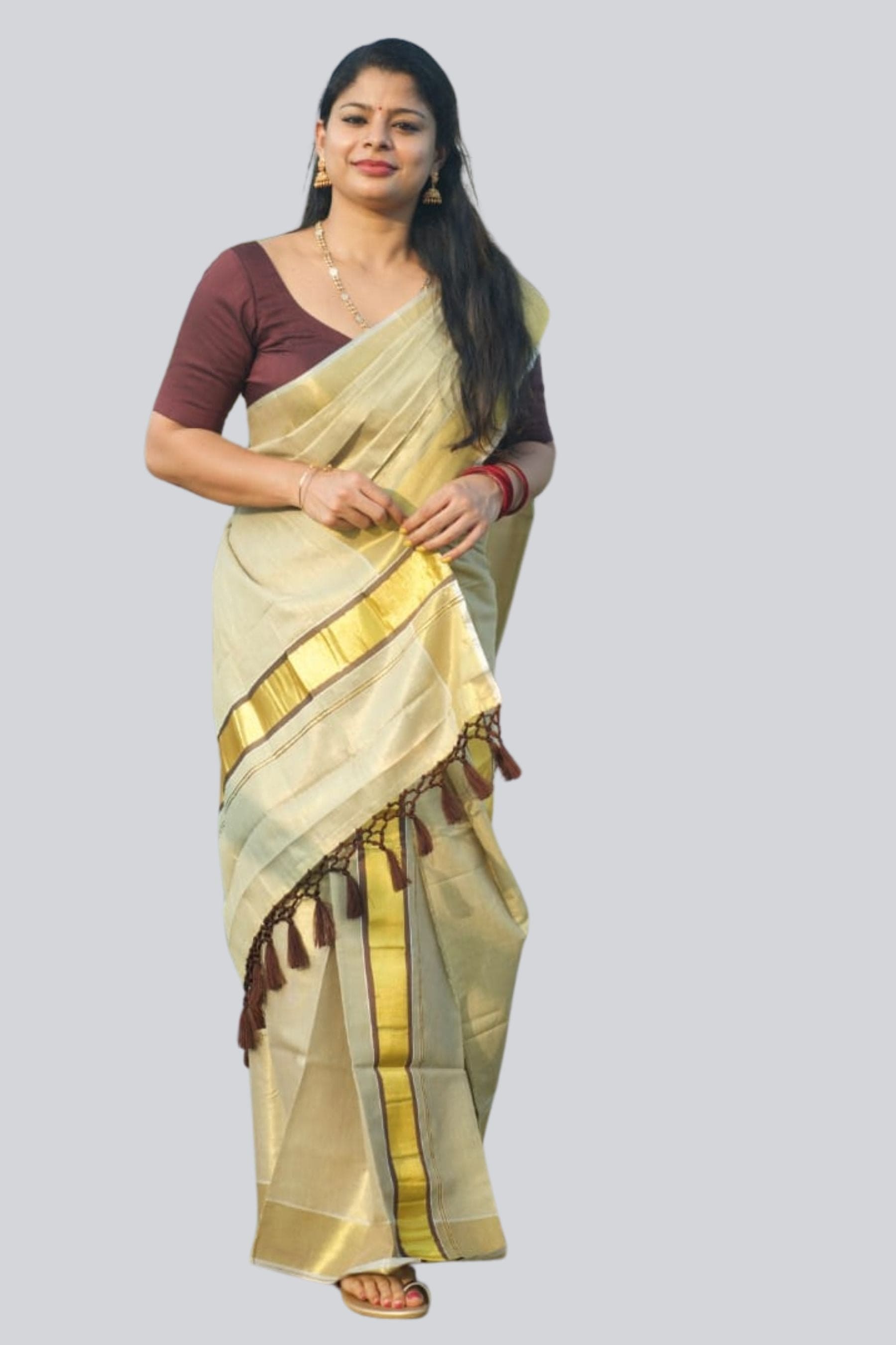 Chic Saree Vishu Collection: Color Tissue Set Mundu with Tassel Detailing Saree JCS Fashions