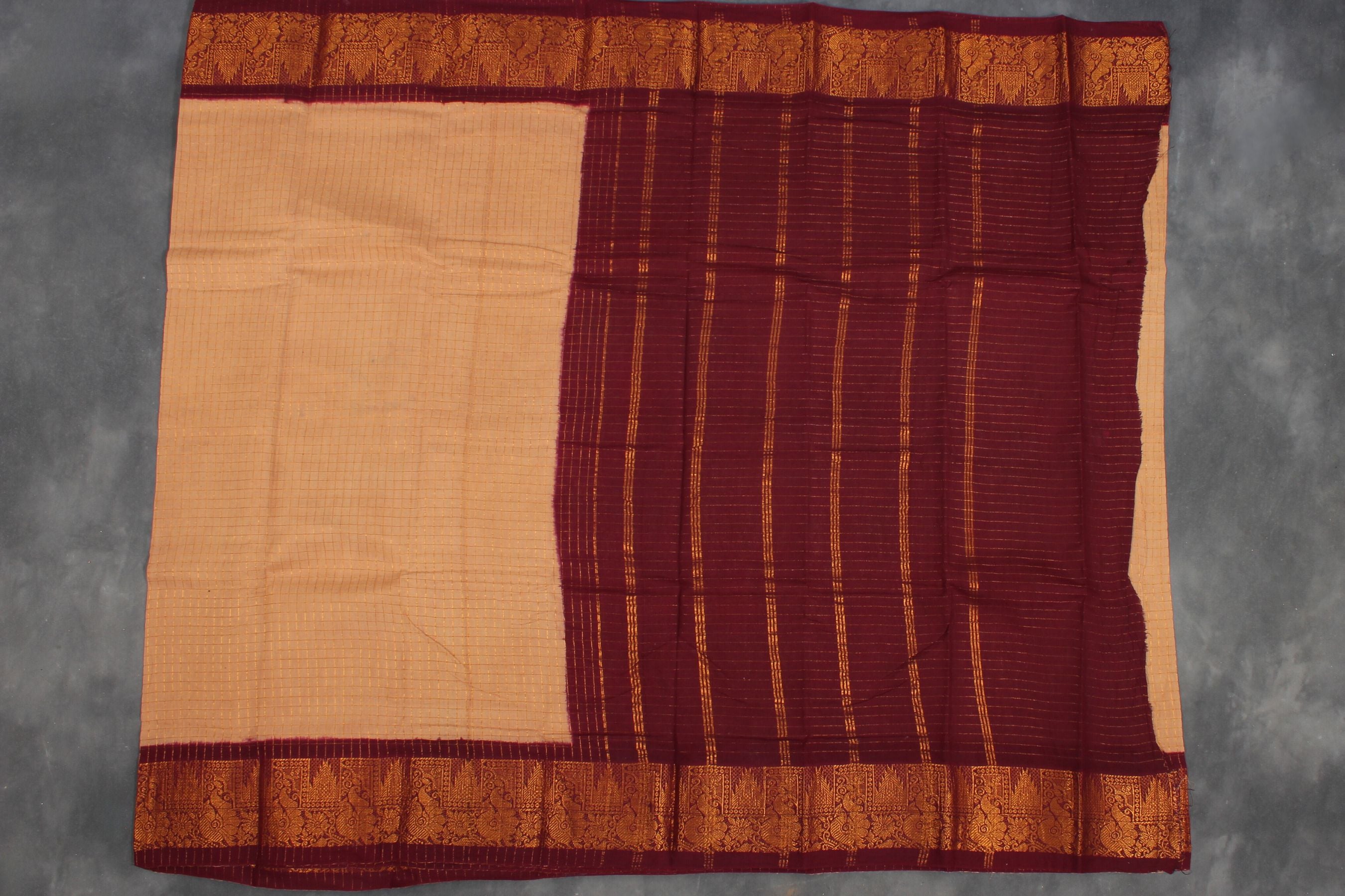 Madurai Pure Sungudi Cotton Saree with Golden Checks and Zari Border