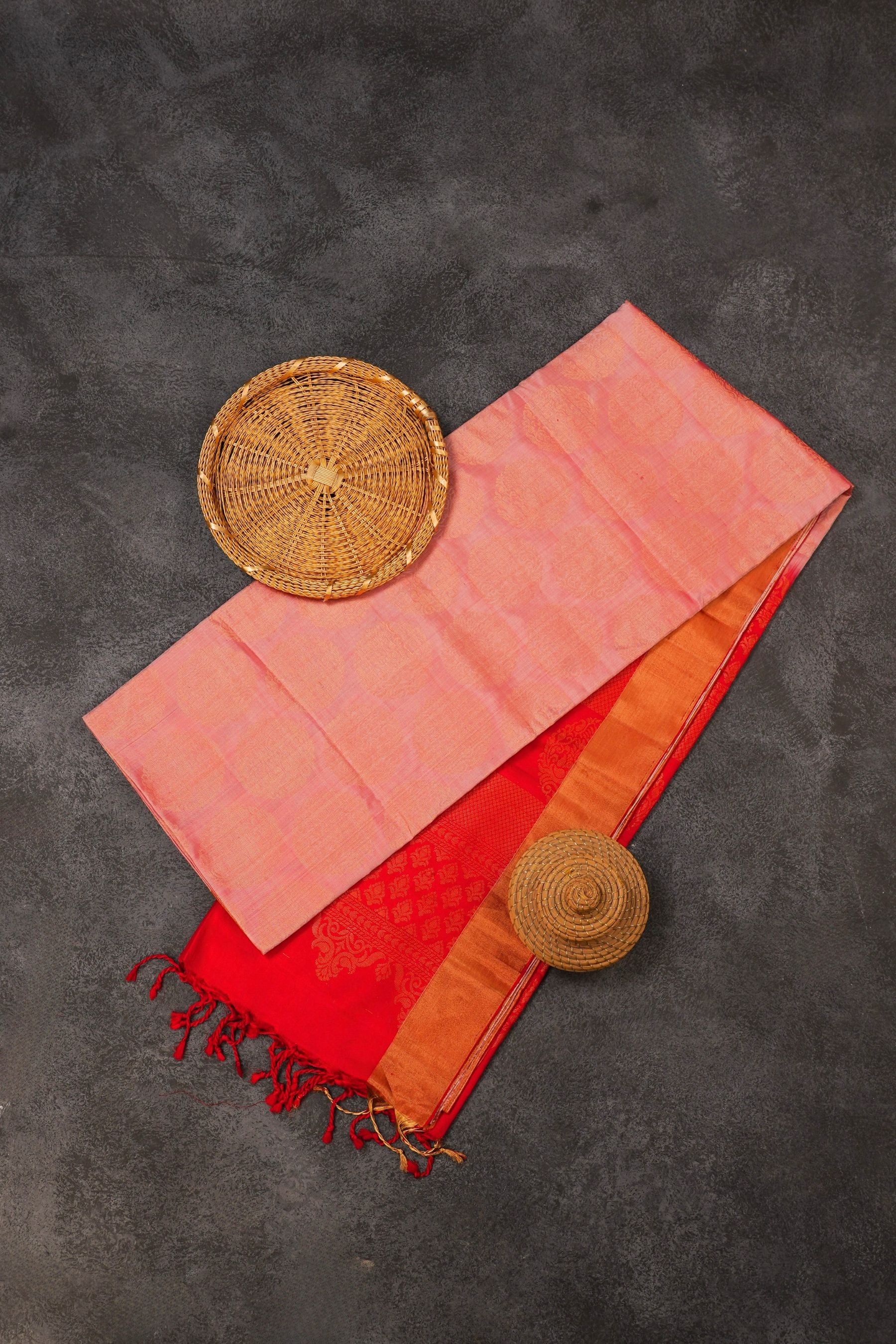 Soft Kanchipuram Silk Saree in Pink with Red Border & Maggam Work Blouse JCS Fashions Light Pink 5.5 meters